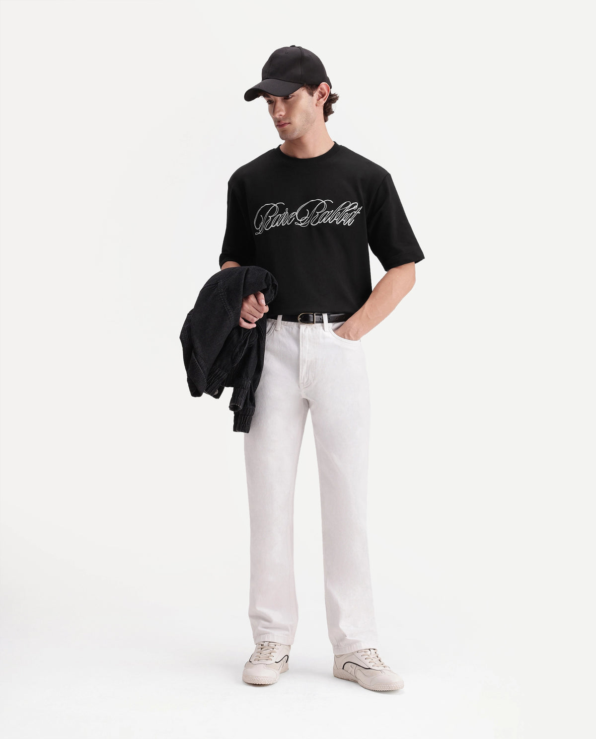 Rare Rabbit Men's Amel Black Cotton Crew Neck Relaxed Embroidered T-Shirt