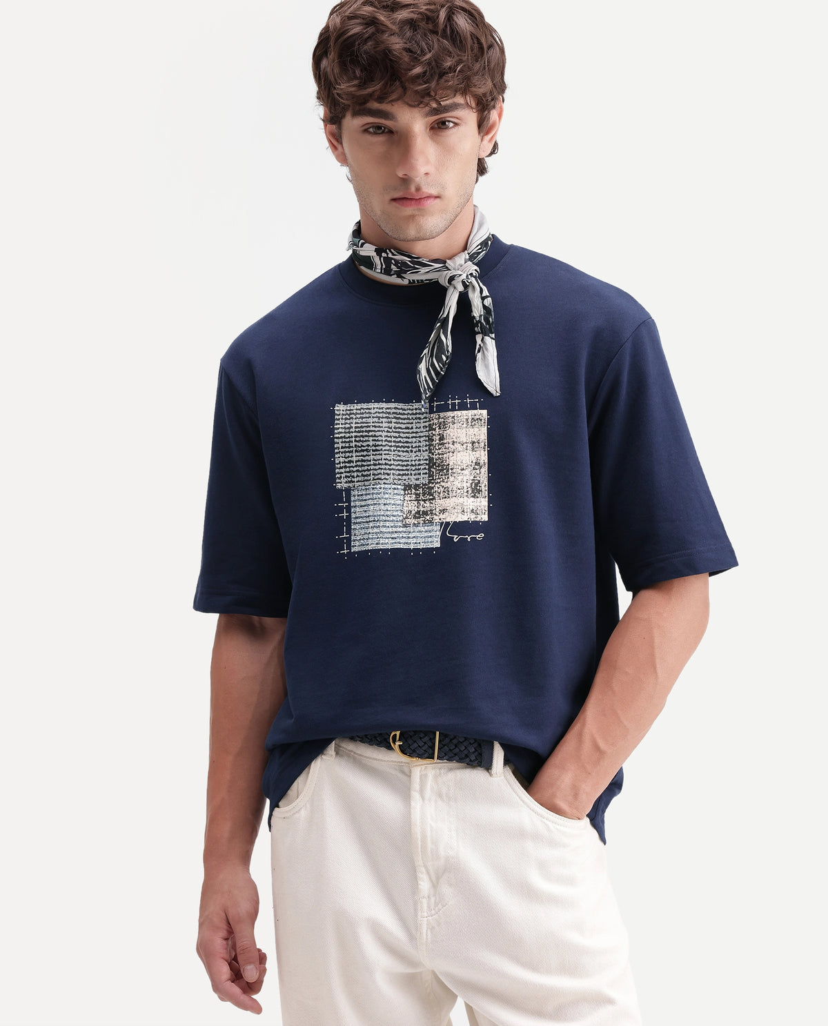 Rare Rabbit Men's Antiv Dark Blue Cotton Crew Neck Relaxed Graphic Print T-Shirt