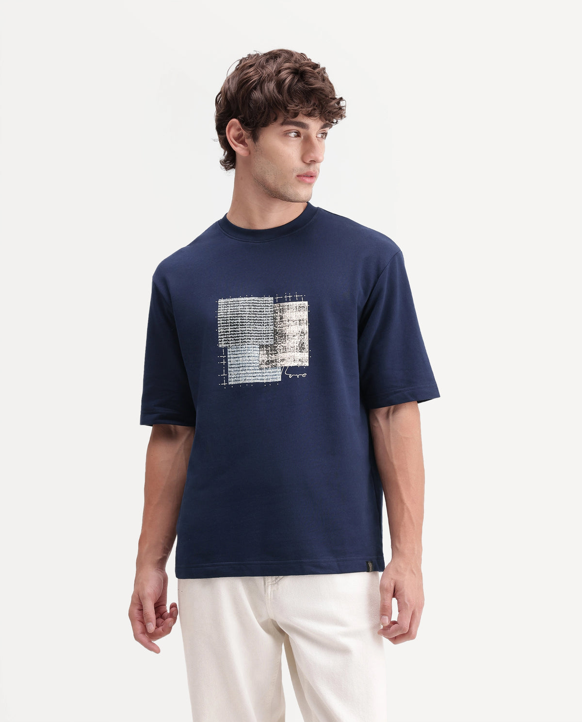 Rare Rabbit Men's Antiv Dark Blue Cotton Crew Neck Relaxed Graphic Print T-Shirt
