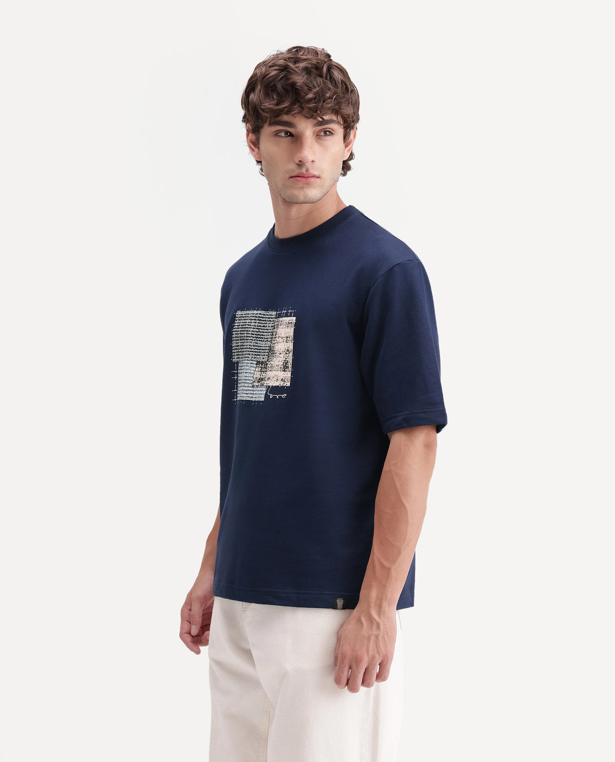 Rare Rabbit Men's Antiv Dark Blue Cotton Crew Neck Relaxed Graphic Print T-Shirt