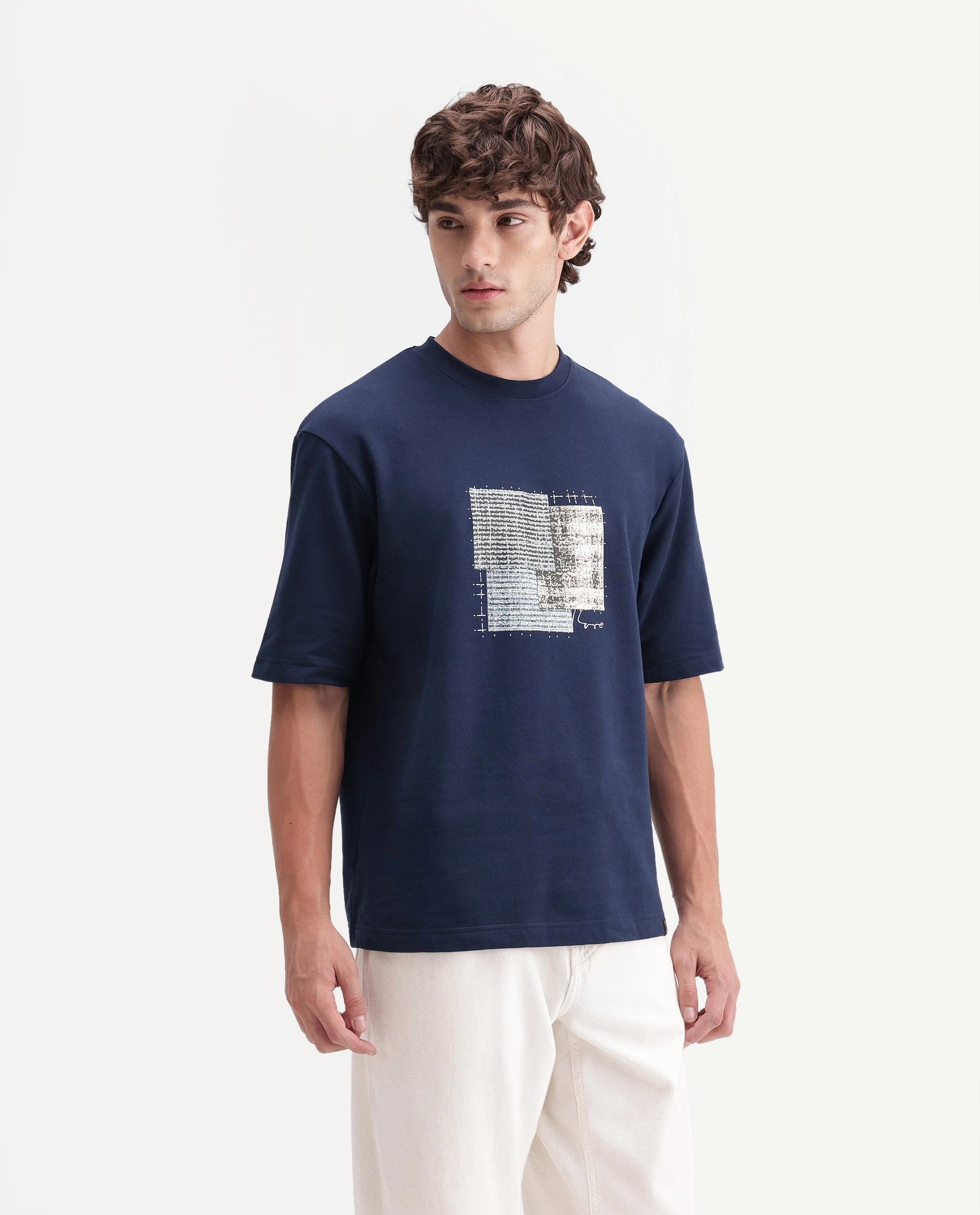 Rare Rabbit Men's Antiv Dark Blue Cotton Crew Neck Relaxed Graphic Print T-Shirt
