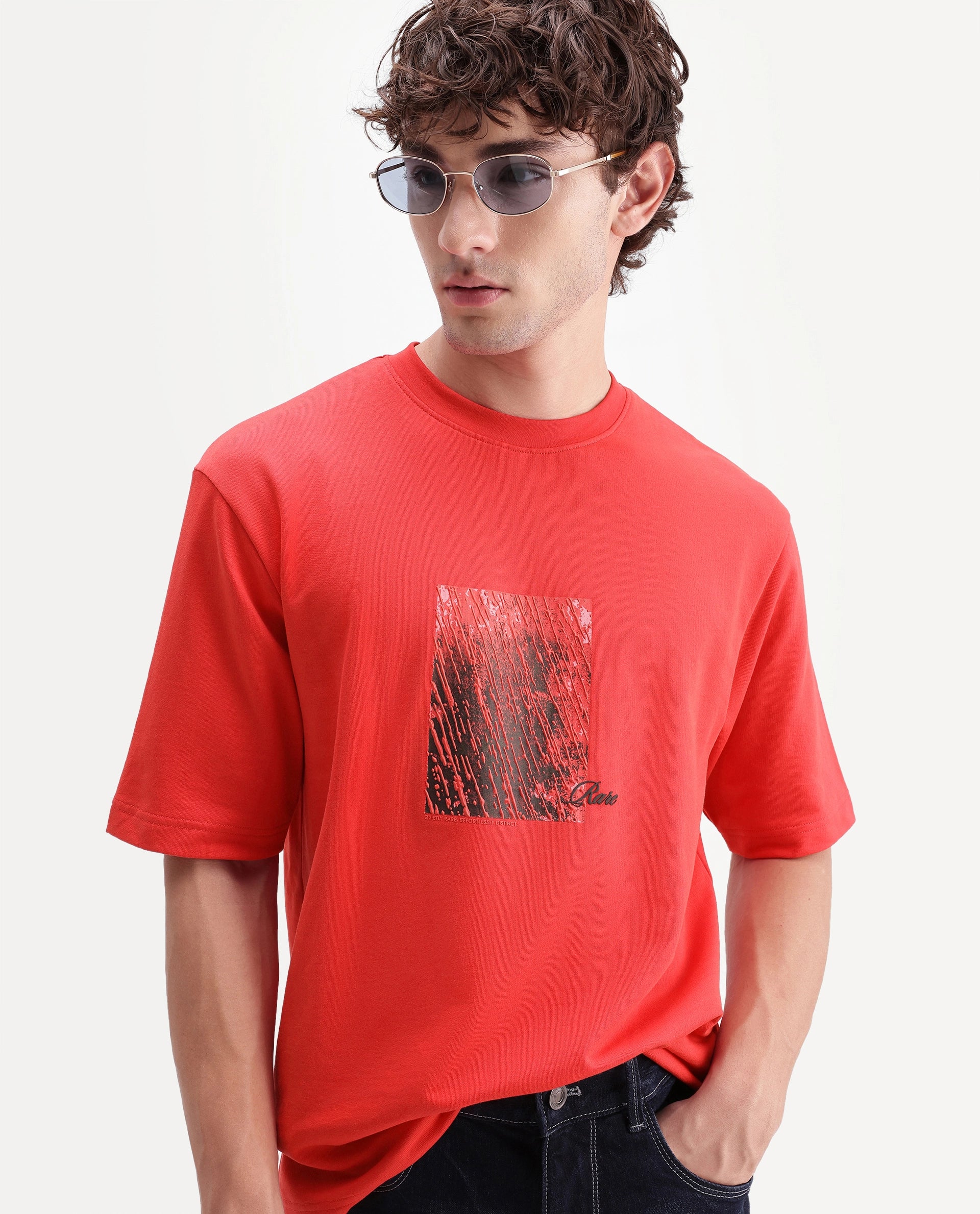 Rare Rabbit Men's Clair Fluorescent Red Cotton Crew Neck Relaxed Graphic Print T-Shirt