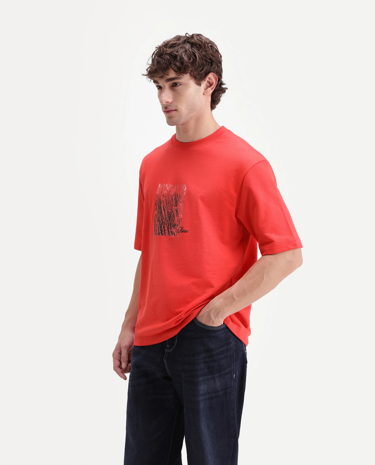 Rare Rabbit Men's Clair Fluorescent Red Cotton Crew Neck Relaxed Graphic Print T-Shirt