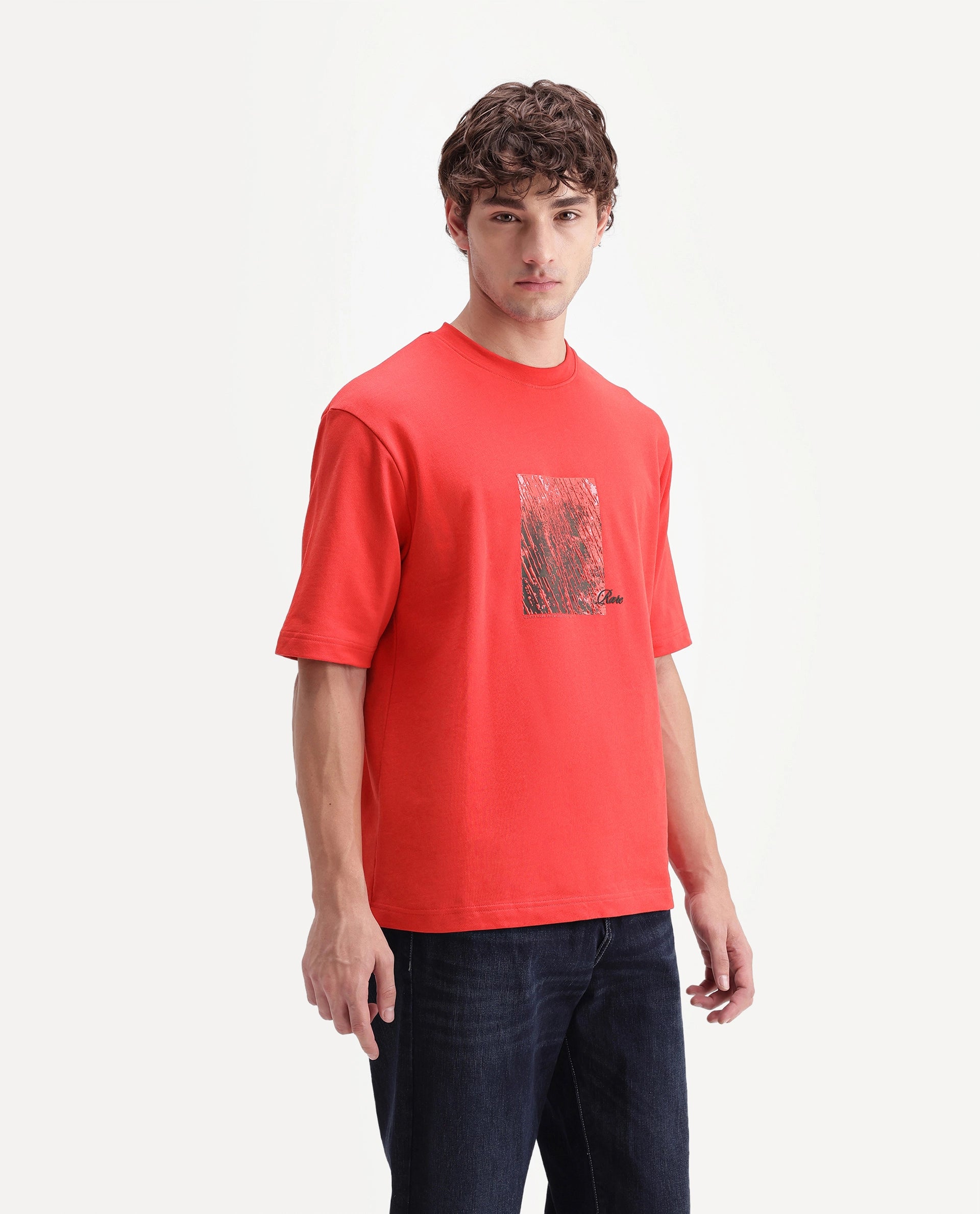 Rare Rabbit Men's Clair Fluorescent Red Cotton Crew Neck Relaxed Graphic Print T-Shirt