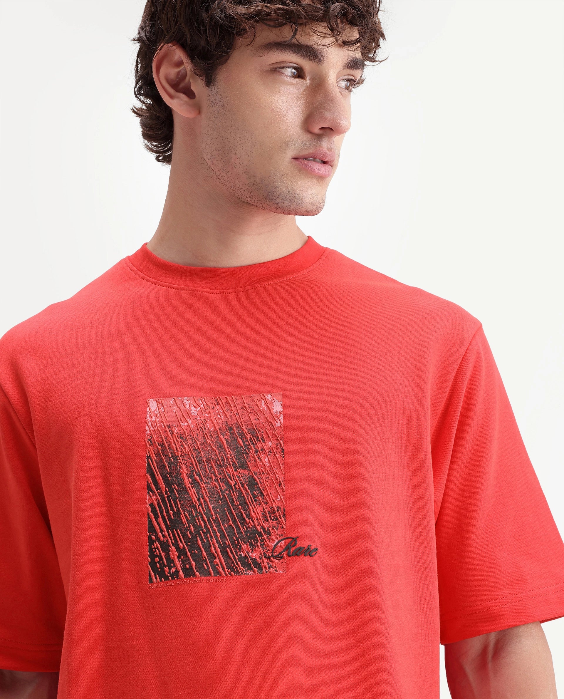 Rare Rabbit Men's Clair Fluorescent Red Cotton Crew Neck Relaxed Graphic Print T-Shirt