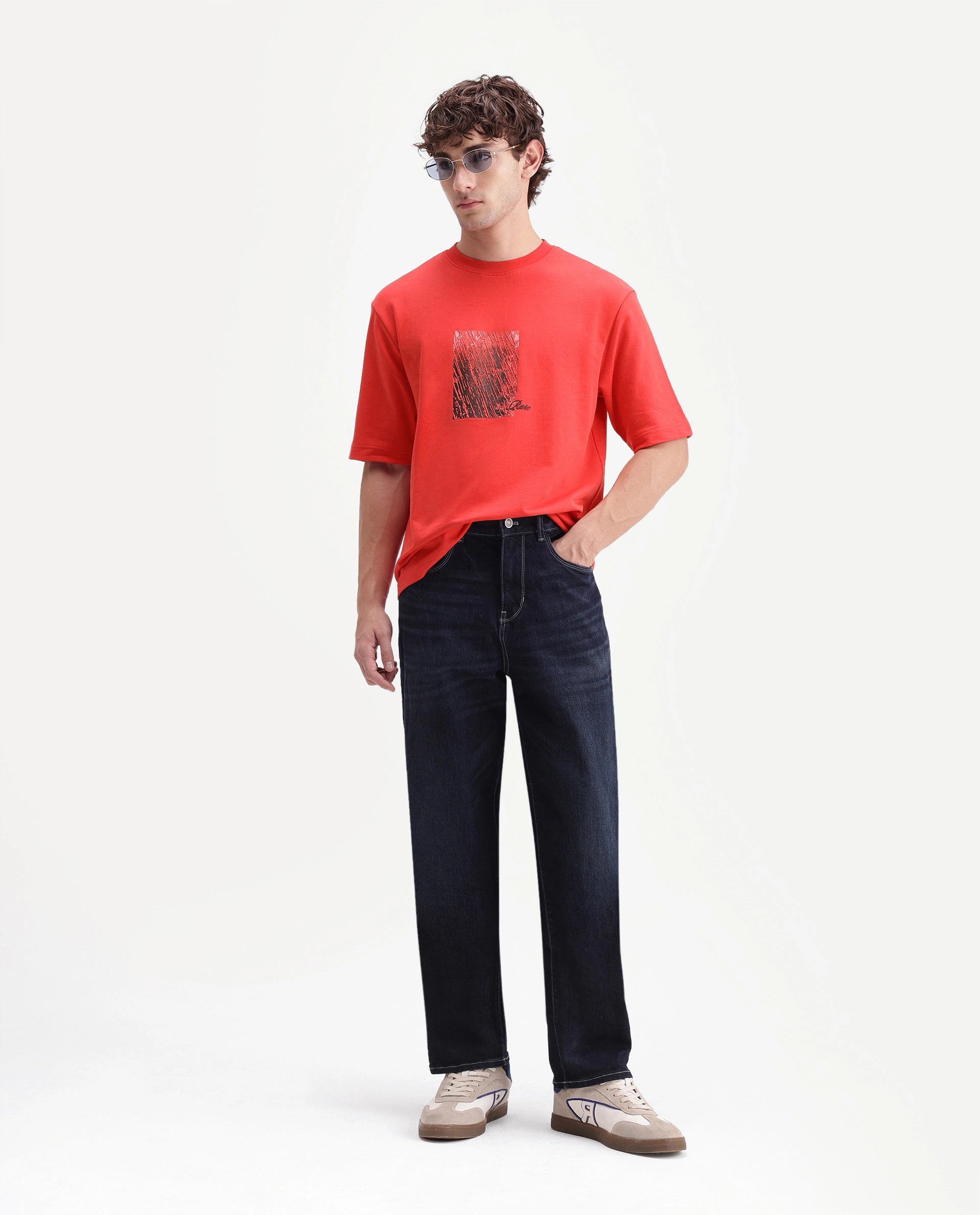 Rare Rabbit Men's Clair Fluorescent Red Cotton Crew Neck Relaxed Graphic Print T-Shirt