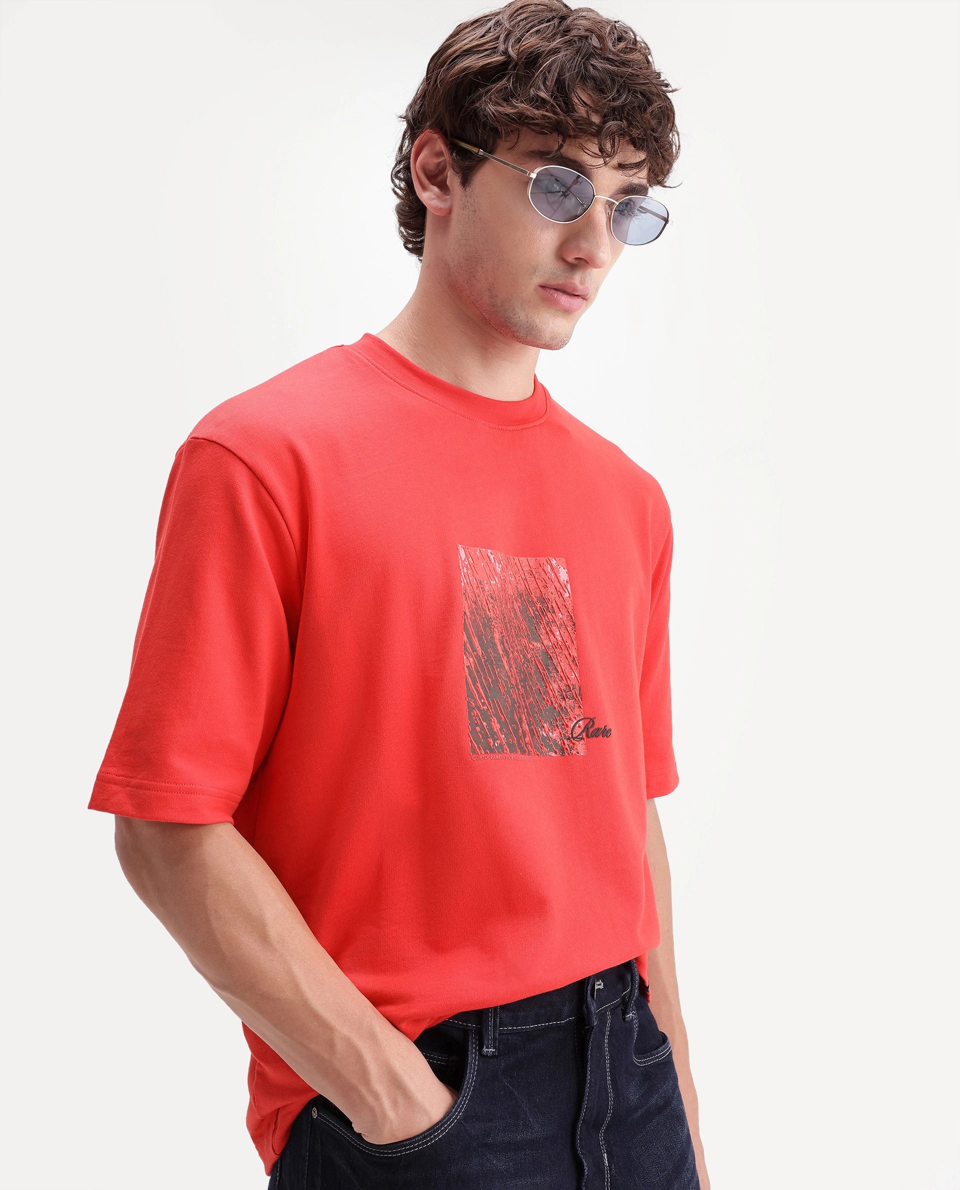 Rare Rabbit Men's Clair Fluorescent Red Cotton Crew Neck Relaxed Graphic Print T-Shirt