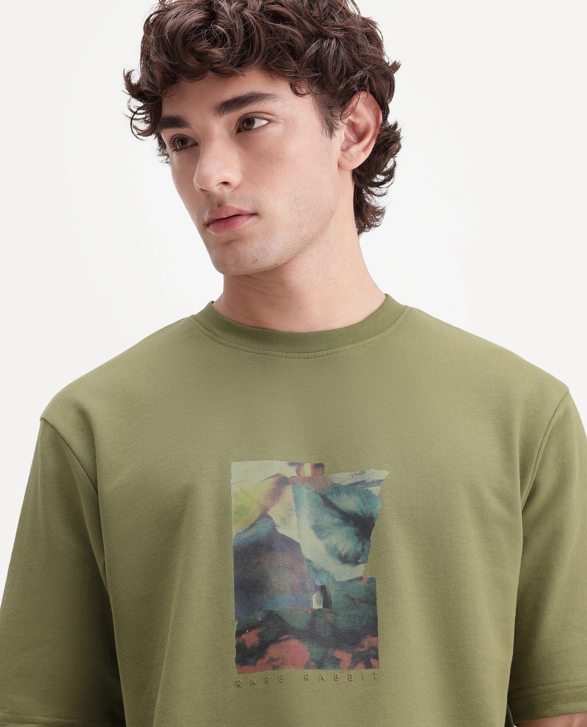 Rare Rabbit Men's Eron Dusky Olive Cotton Crew Neck Regular Graphic Print T-Shirt