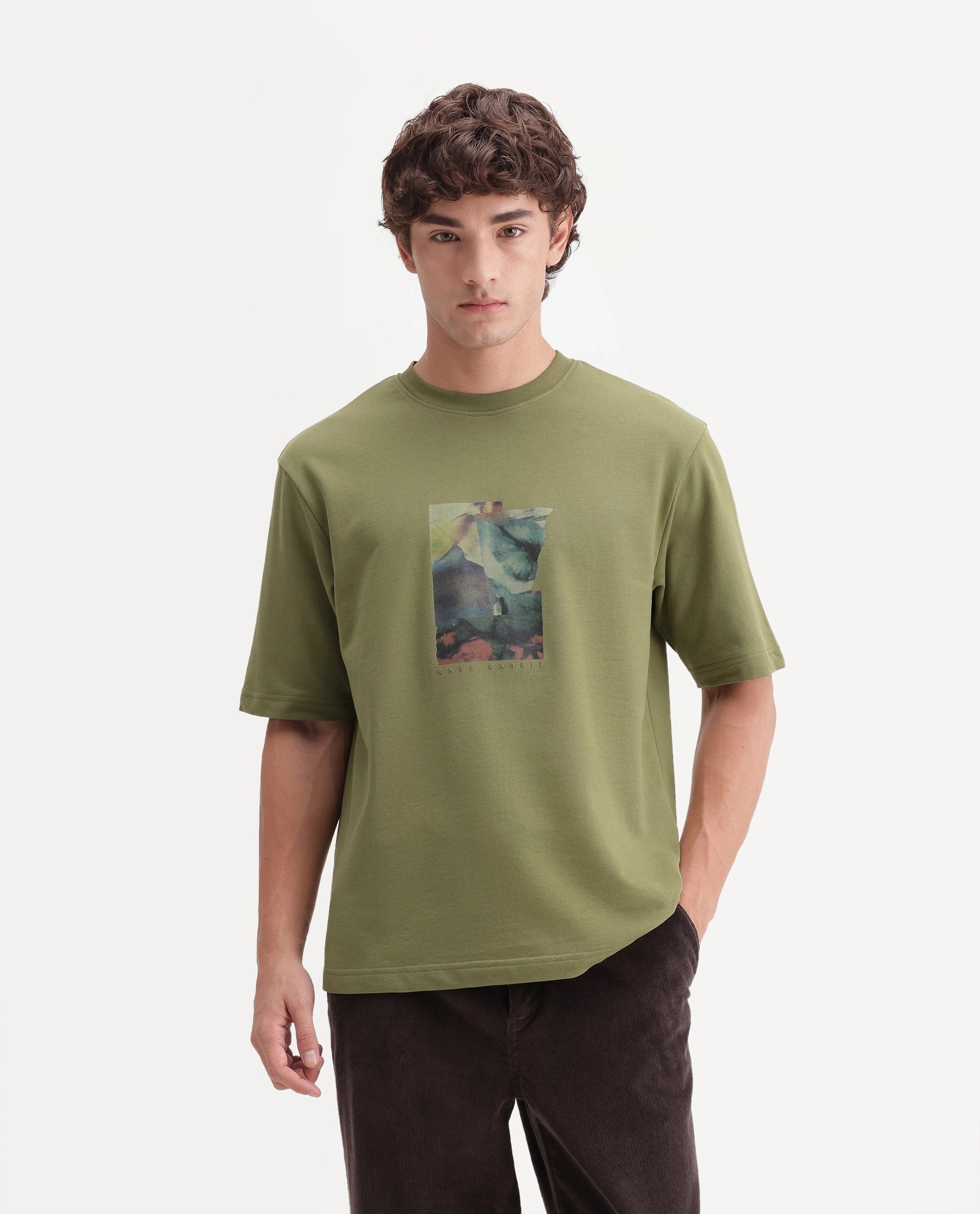 Rare Rabbit Men's Eron Dusky Olive Cotton Crew Neck Regular Graphic Print T-Shirt