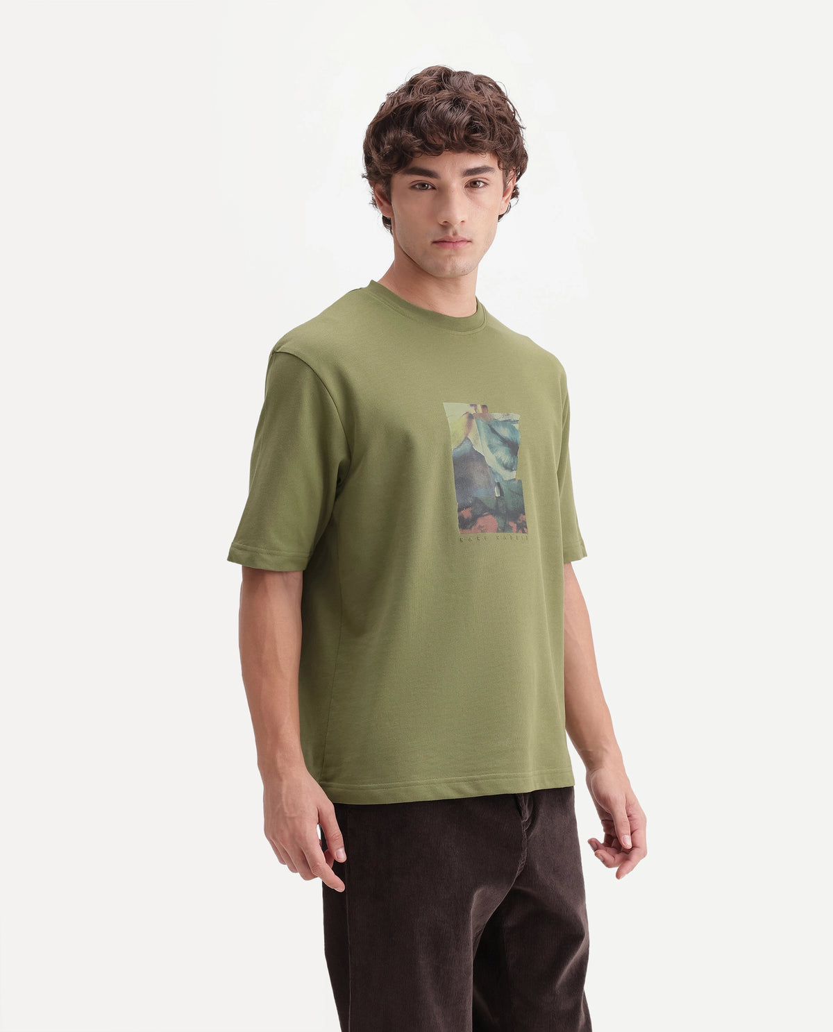Rare Rabbit Men's Eron Dusky Olive Cotton Crew Neck Regular Graphic Print T-Shirt