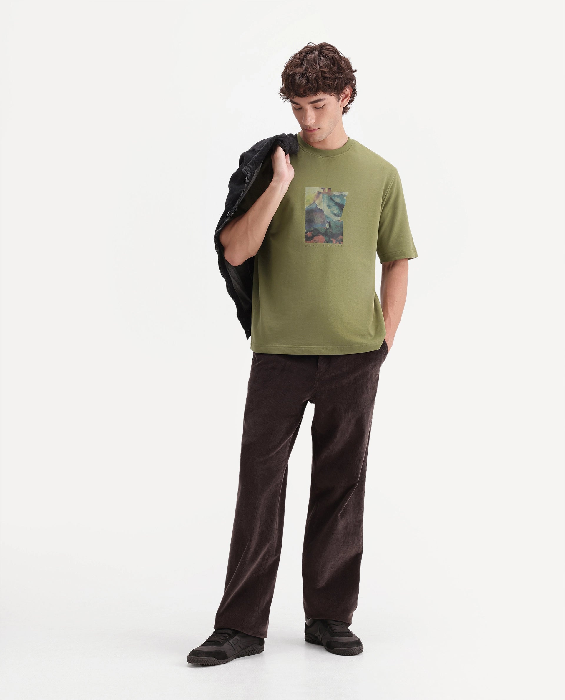 Rare Rabbit Men's Eron Dusky Olive Cotton Crew Neck Regular Graphic Print T-Shirt