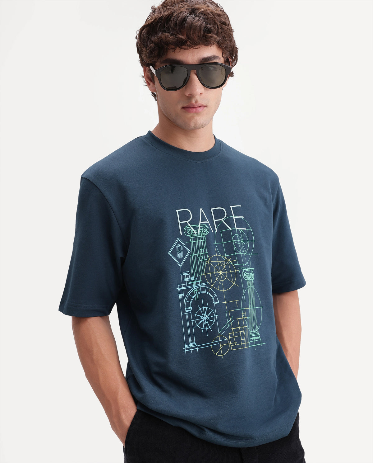 Rare Rabbit Men's Lykos Dark Teal Cotton Crew Neck Relaxed Graphic Print T-Shirt