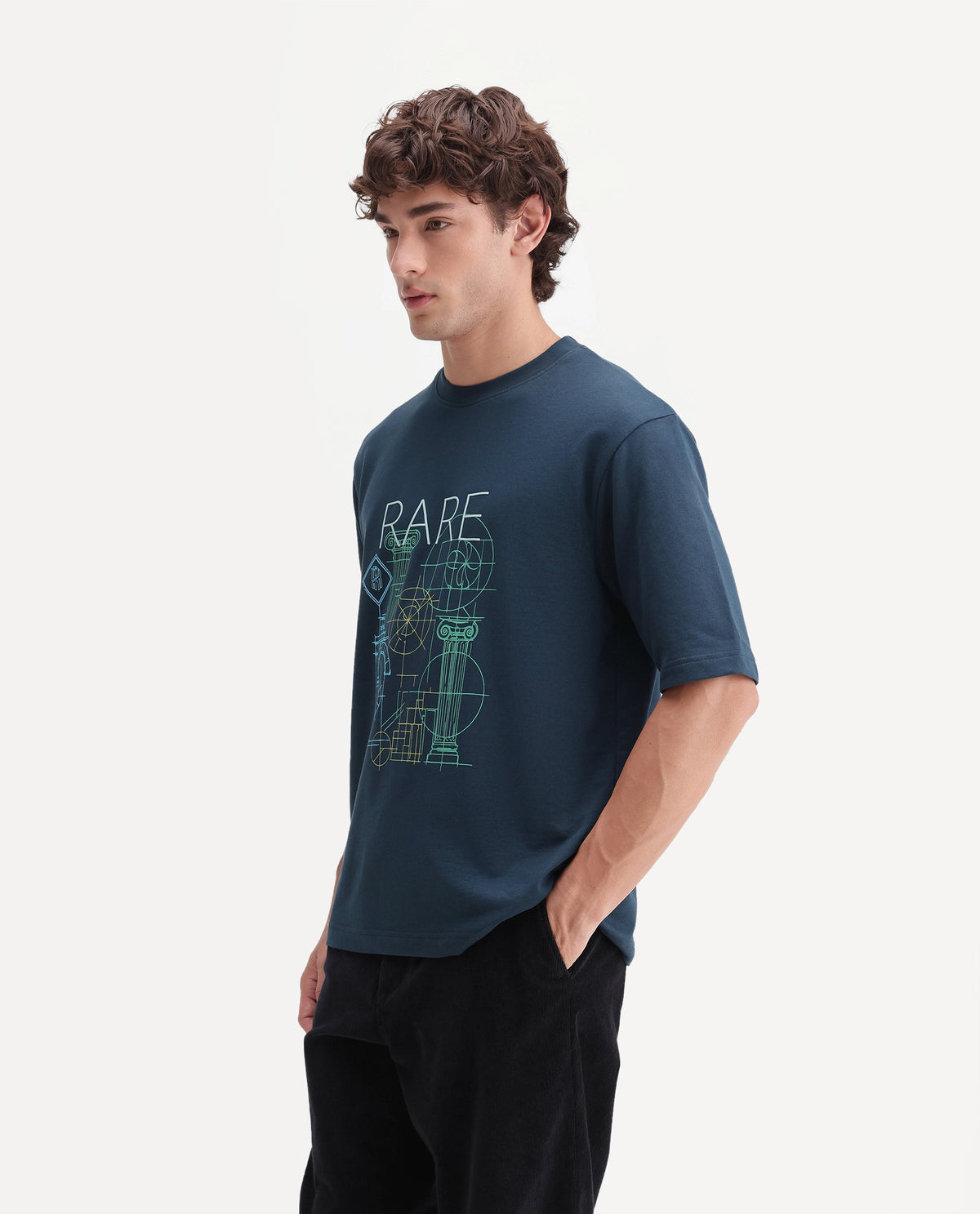 Rare Rabbit Men's Lykos Dark Teal Cotton Crew Neck Relaxed Graphic Print T-Shirt