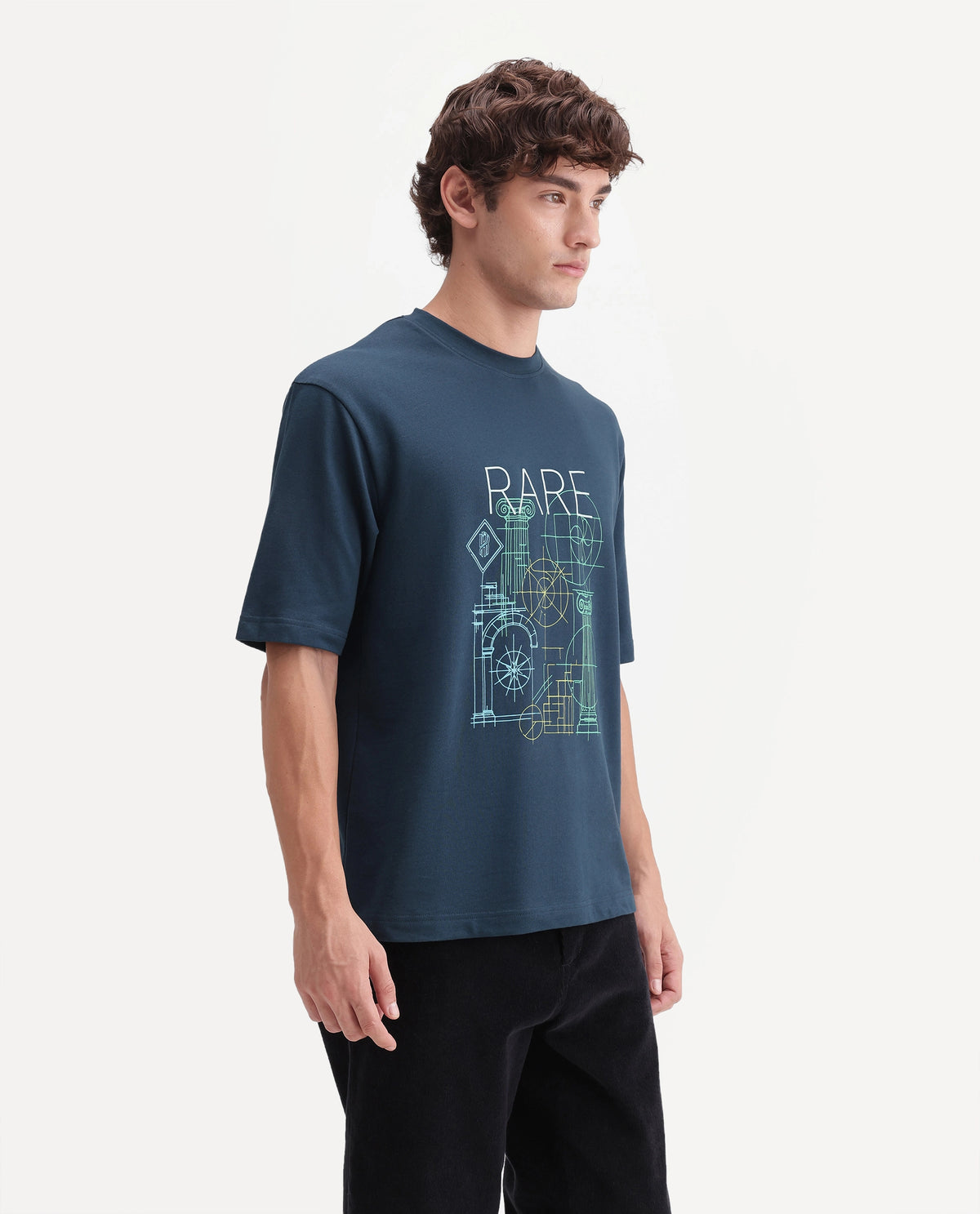 Rare Rabbit Men's Lykos Dark Teal Cotton Crew Neck Relaxed Graphic Print T-Shirt