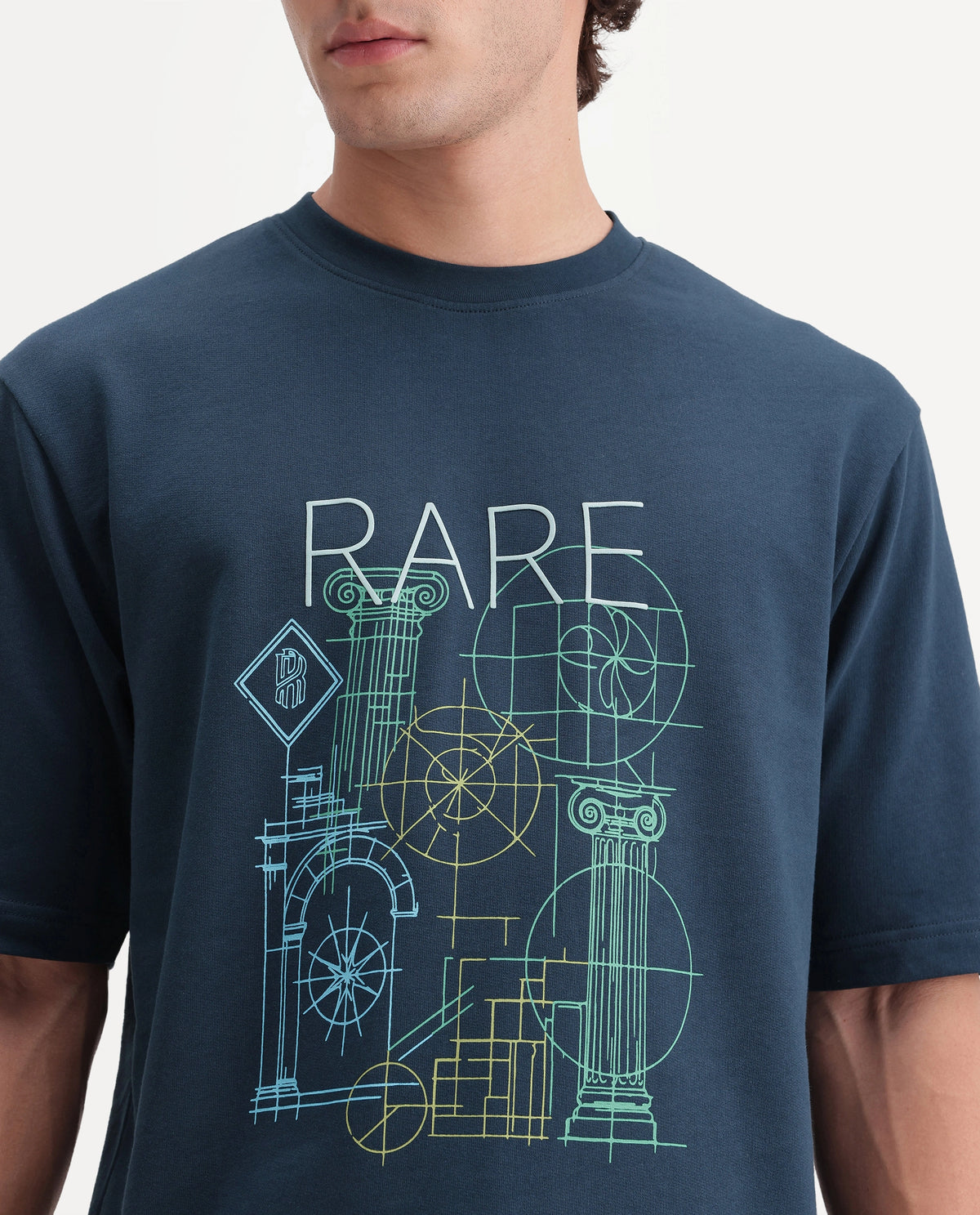 Rare Rabbit Men's Lykos Dark Teal Cotton Crew Neck Relaxed Graphic Print T-Shirt