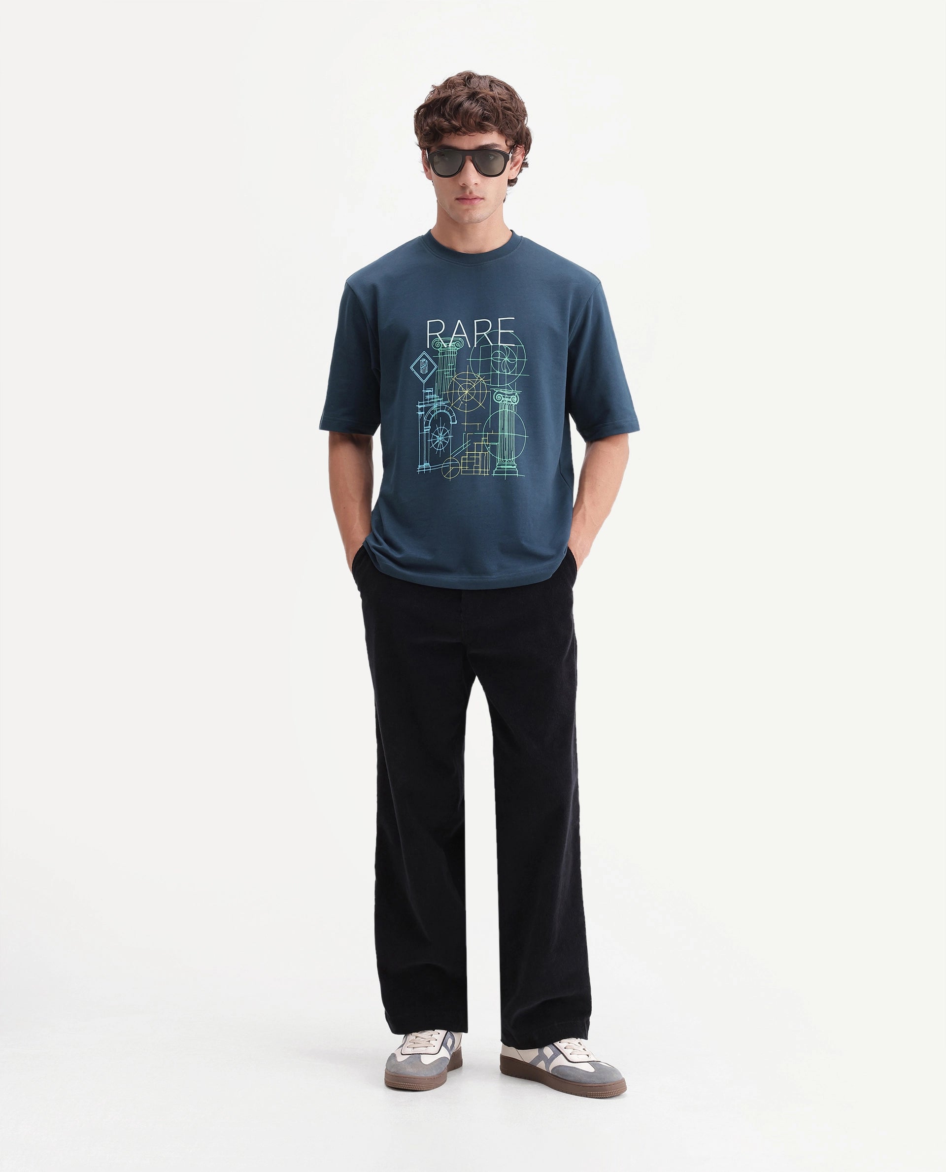 Rare Rabbit Men's Lykos Dark Teal Cotton Crew Neck Relaxed Graphic Print T-Shirt