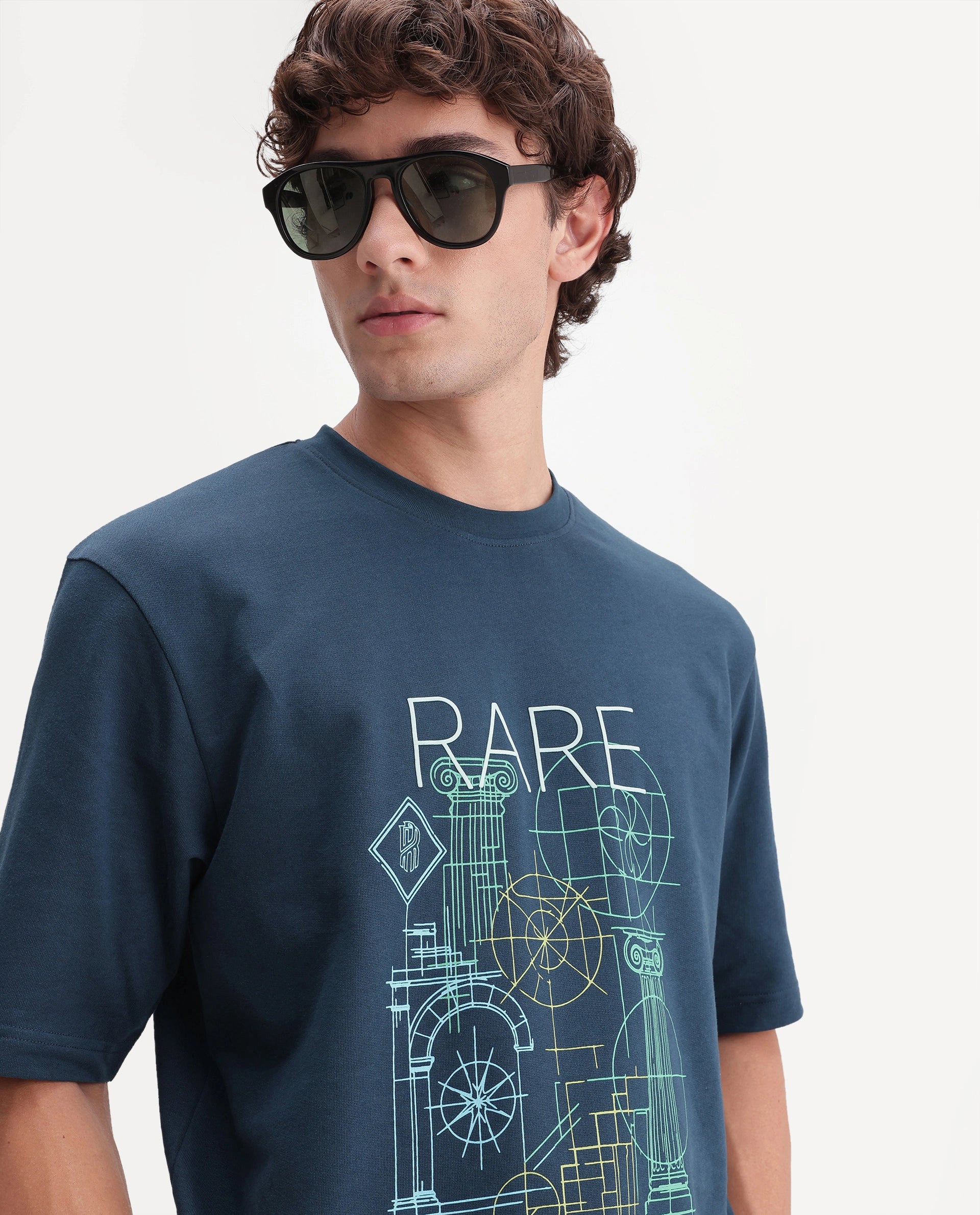 Rare Rabbit Men's Lykos Dark Teal Cotton Crew Neck Relaxed Graphic Print T-Shirt