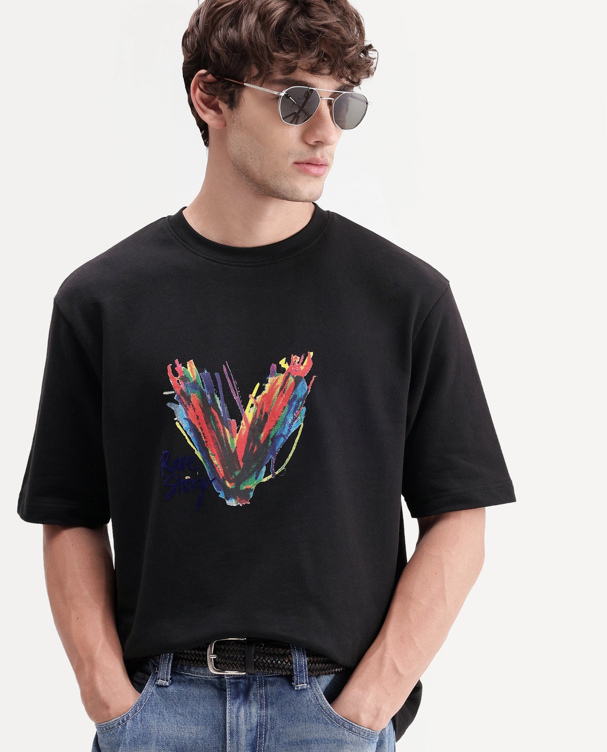 Rare Rabbit Men's Myko Black Cotton Crew Neck Relaxed Graphic Print T-Shirt