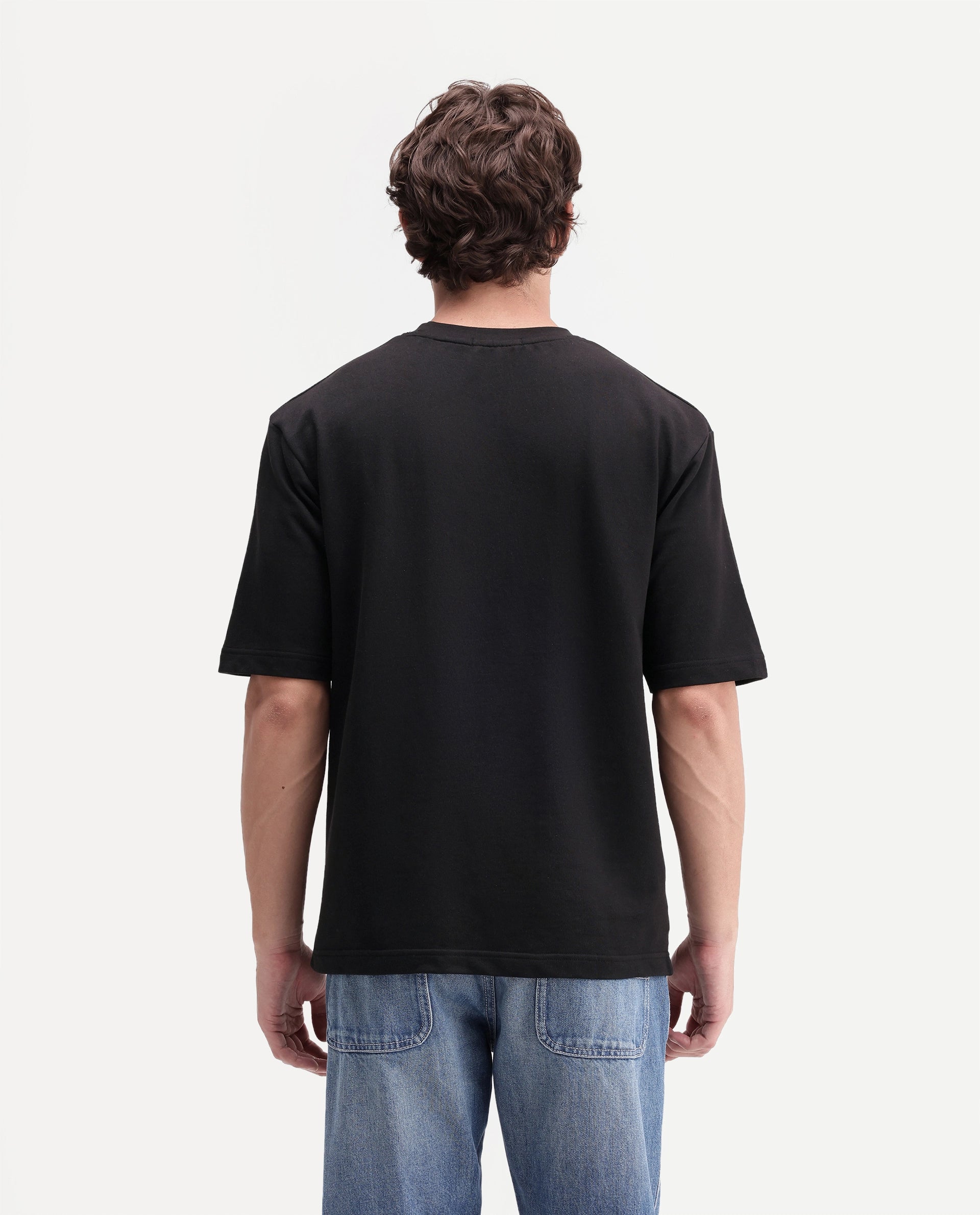 Rare Rabbit Men's Myko Black Cotton Crew Neck Relaxed Graphic Print T-Shirt