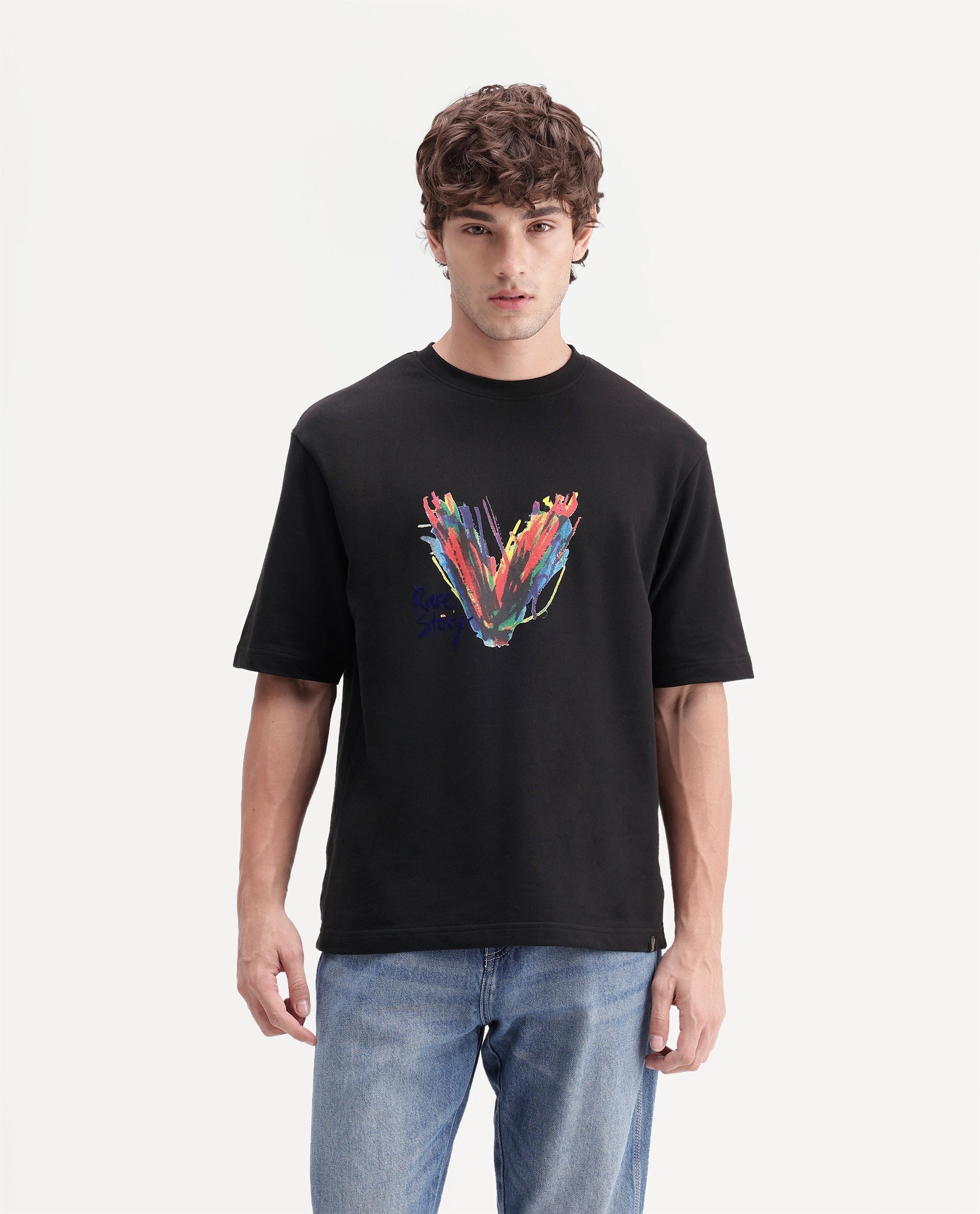 Rare Rabbit Men's Myko Black Cotton Crew Neck Relaxed Graphic Print T-Shirt