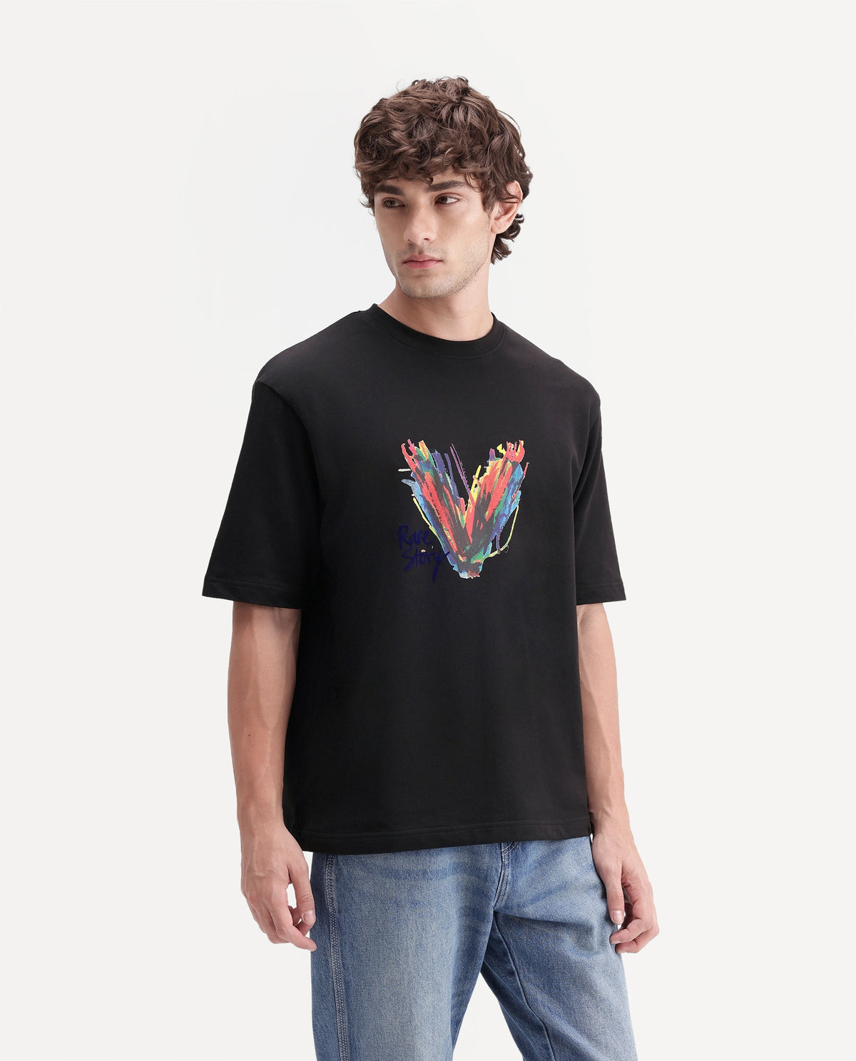 Rare Rabbit Men's Myko Black Cotton Crew Neck Relaxed Graphic Print T-Shirt