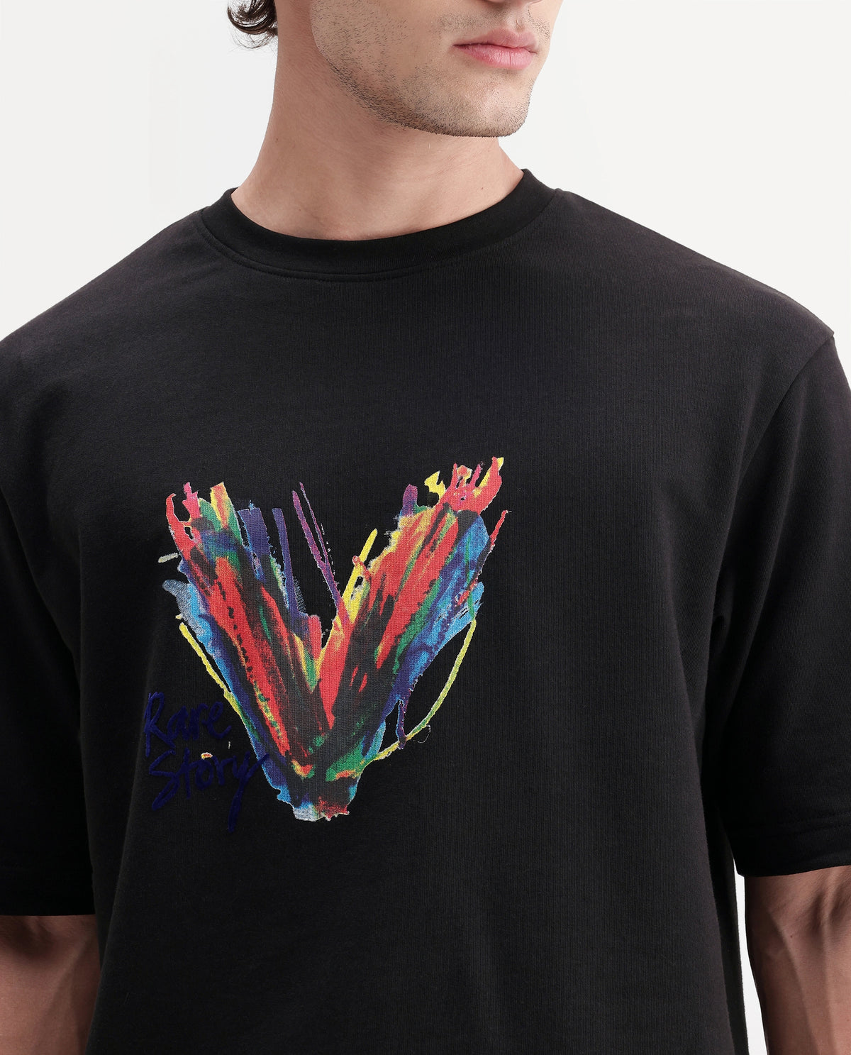 Rare Rabbit Men's Myko Black Cotton Crew Neck Relaxed Graphic Print T-Shirt