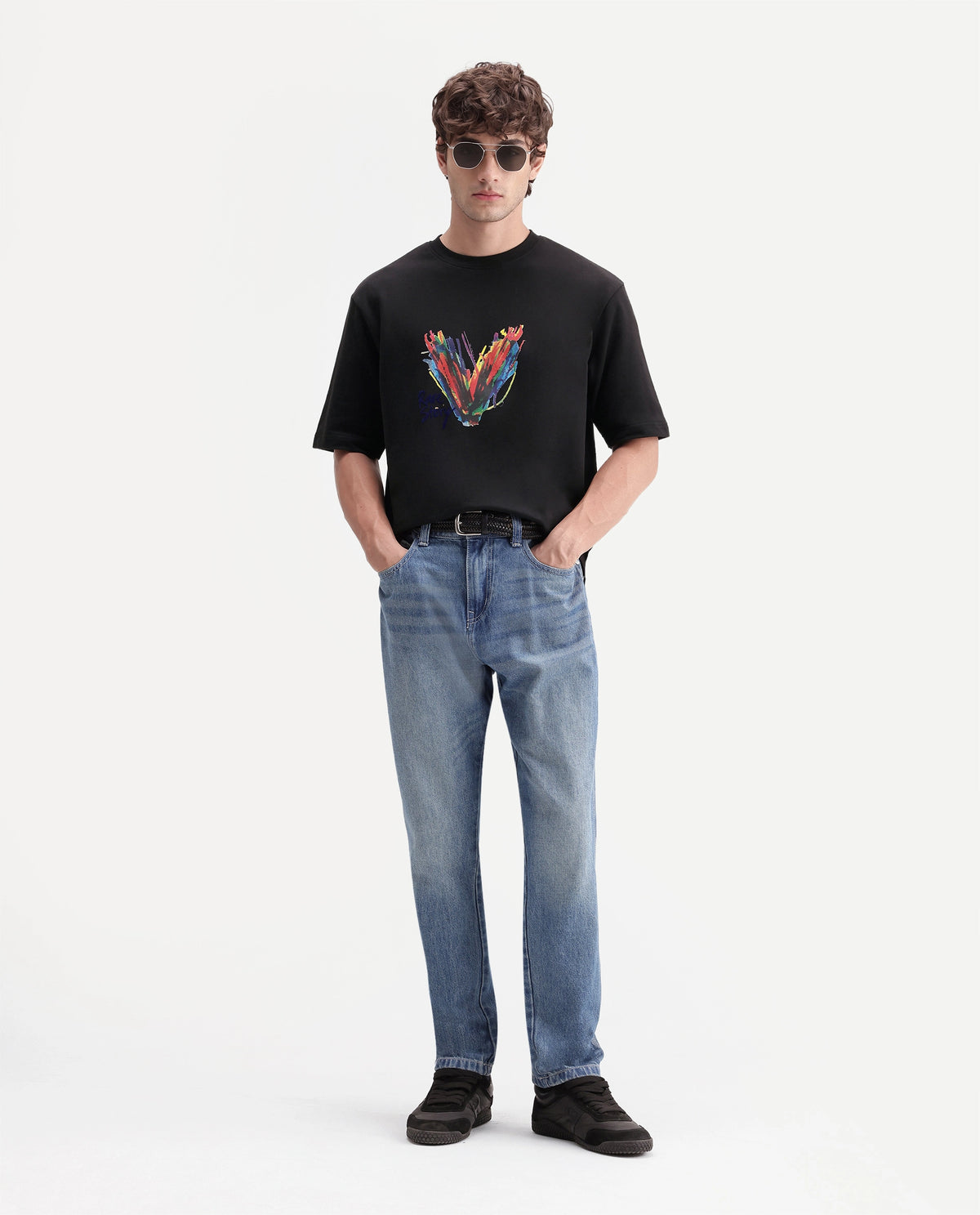 Rare Rabbit Men's Myko Black Cotton Crew Neck Relaxed Graphic Print T-Shirt