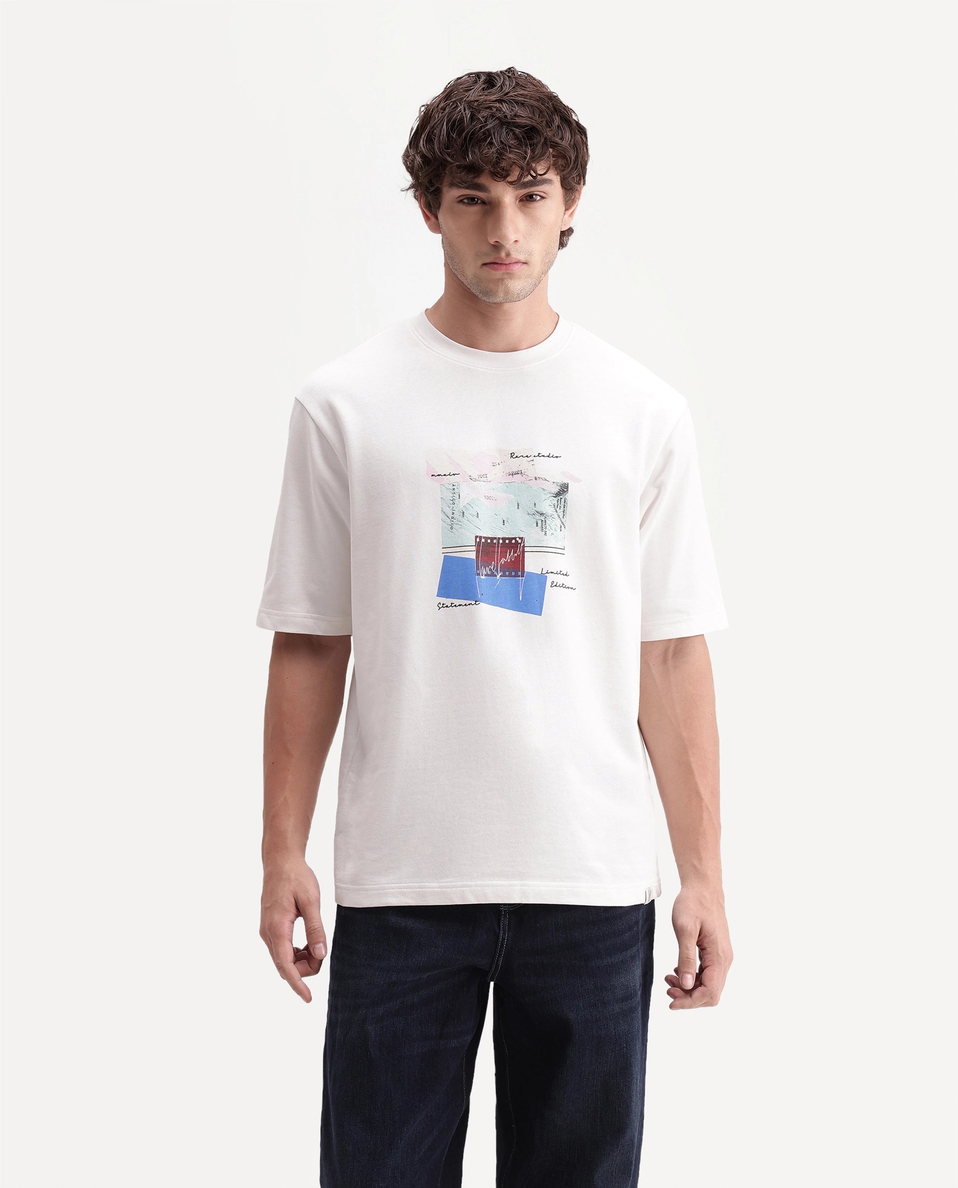 Rare Rabbit Men's Oris Off White Cotton Crew Neck Relaxed Graphic Print T-Shirt