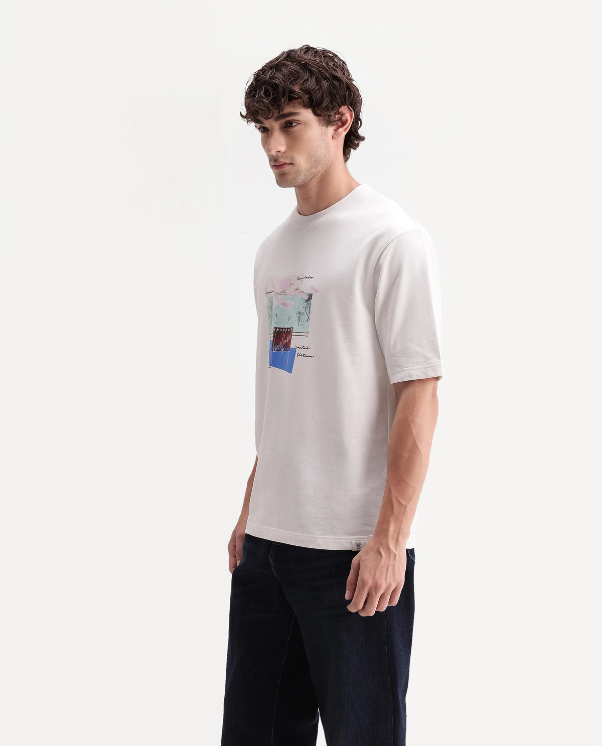 Rare Rabbit Men's Oris Off White Cotton Crew Neck Relaxed Graphic Print T-Shirt
