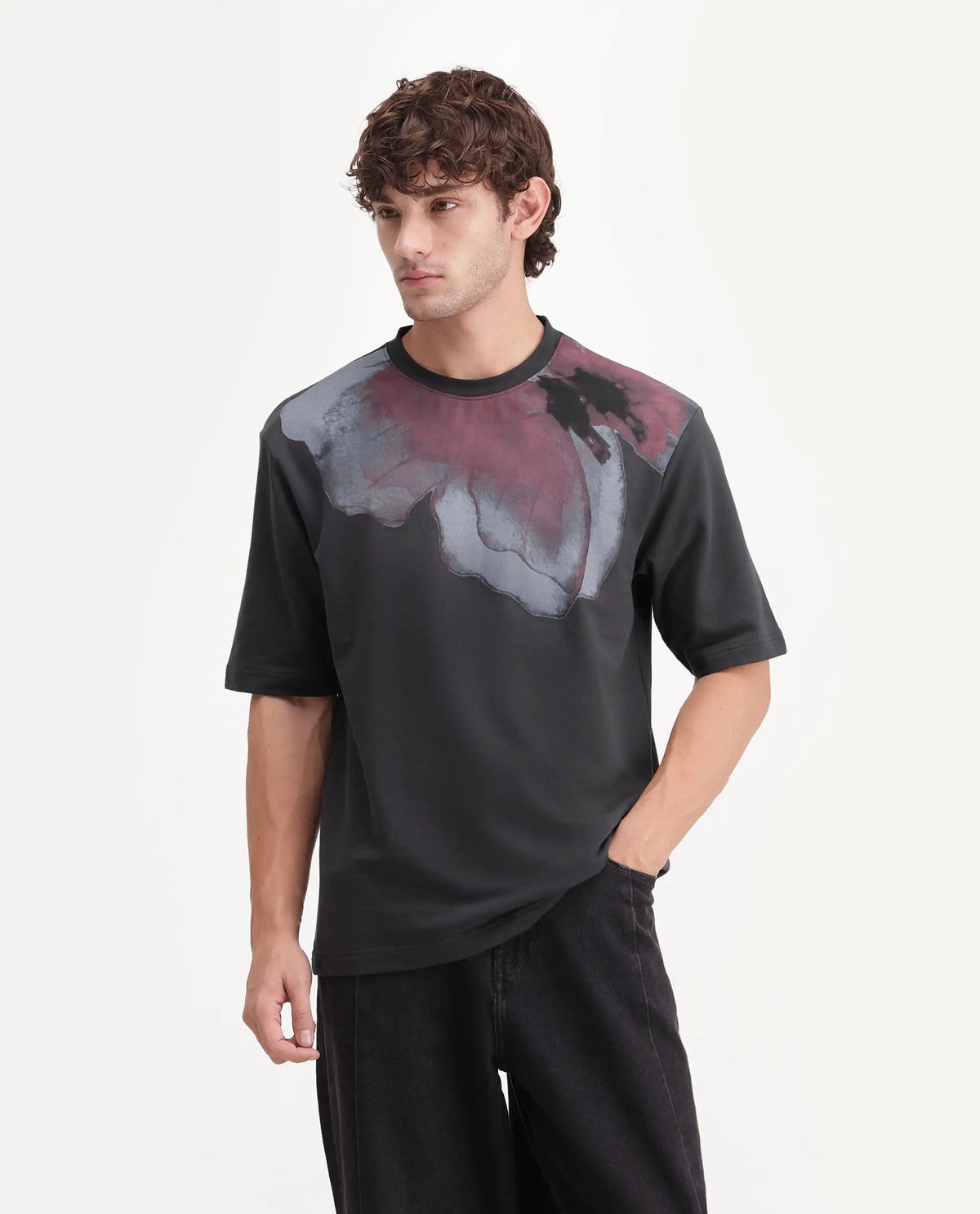 Rare Rabbit Men's Rhodon Dark Grey Cotton Crew Neck Relaxed Abstract Print T-Shirt