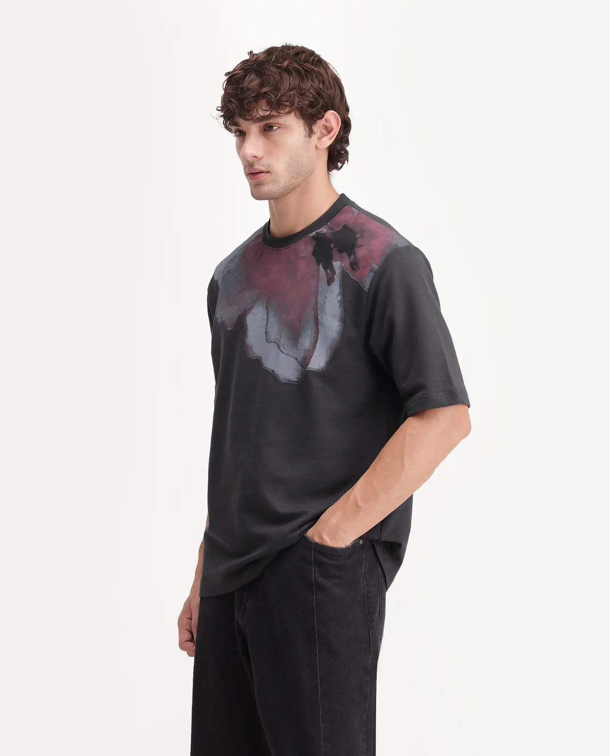 Rare Rabbit Men's Rhodon Dark Grey Cotton Crew Neck Relaxed Abstract Print T-Shirt