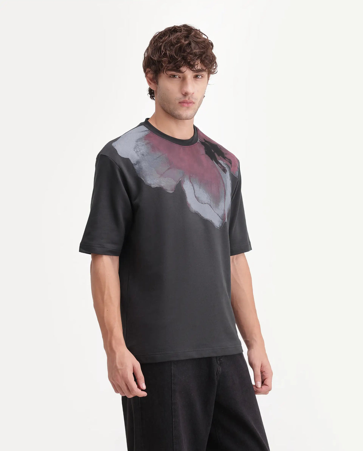 Rare Rabbit Men's Rhodon Dark Grey Cotton Crew Neck Relaxed Abstract Print T-Shirt