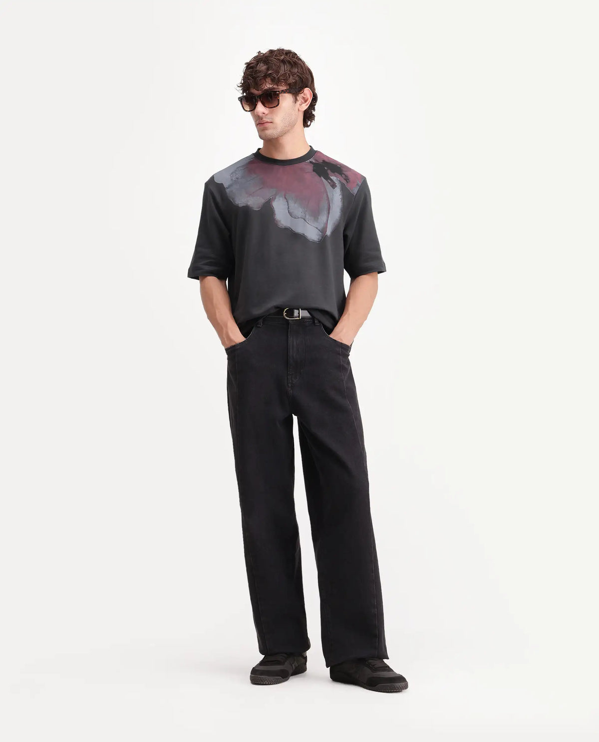 Rare Rabbit Men's Rhodon Dark Grey Cotton Crew Neck Relaxed Abstract Print T-Shirt