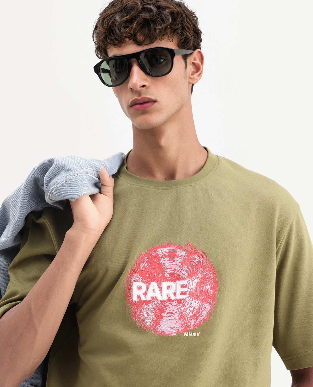 Rare Rabbit Men's Solane Dusky Olive Cotton Crew Neck Relaxed Graphic Print T-Shirt