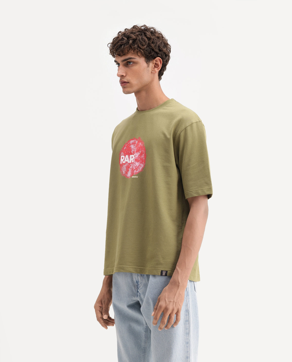 Rare Rabbit Men's Solane Dusky Olive Cotton Crew Neck Relaxed Graphic Print T-Shirt