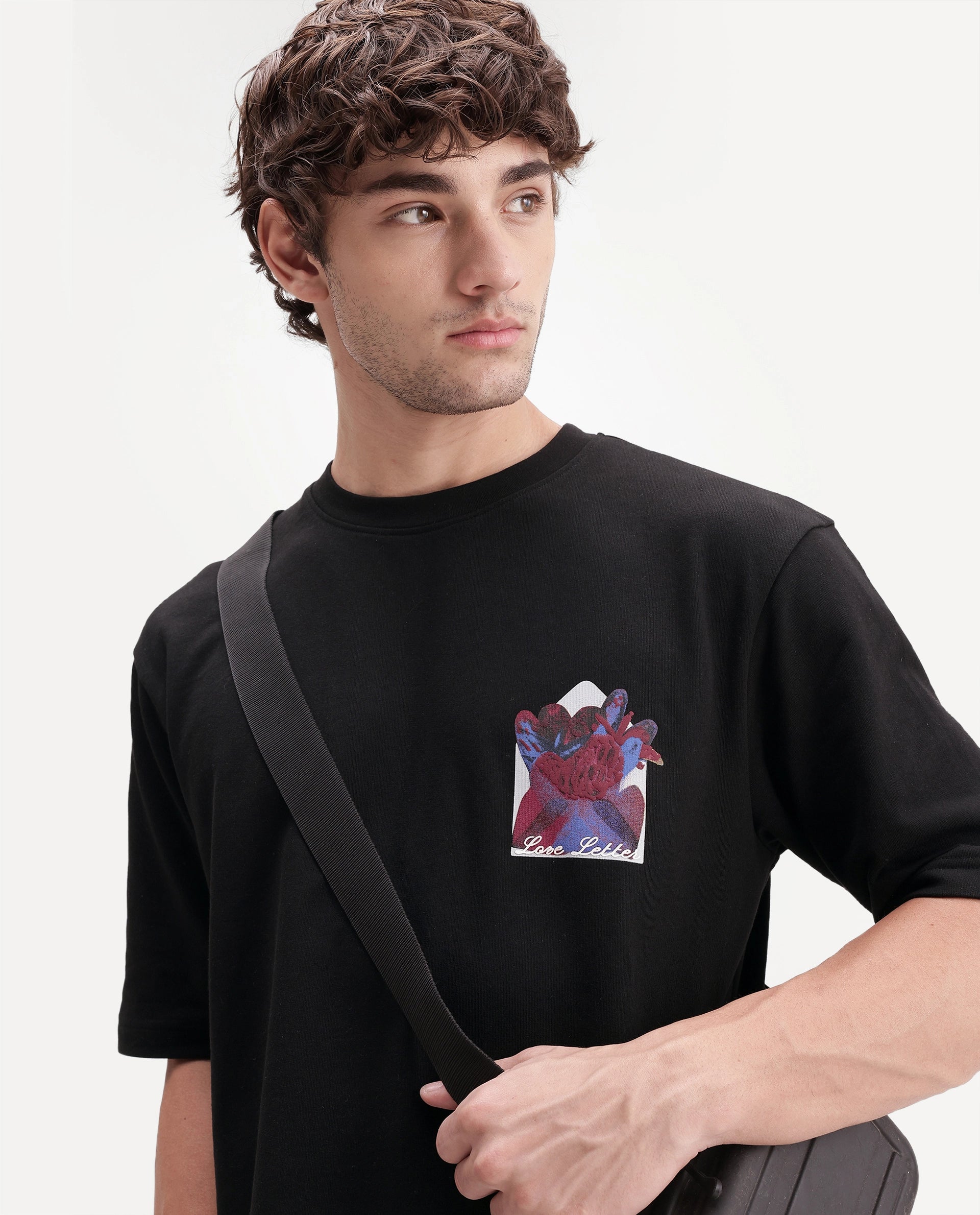 Rare Rabbit Men's Spira Black Cotton Crew Neck Relaxed Graphic Print T-Shirt