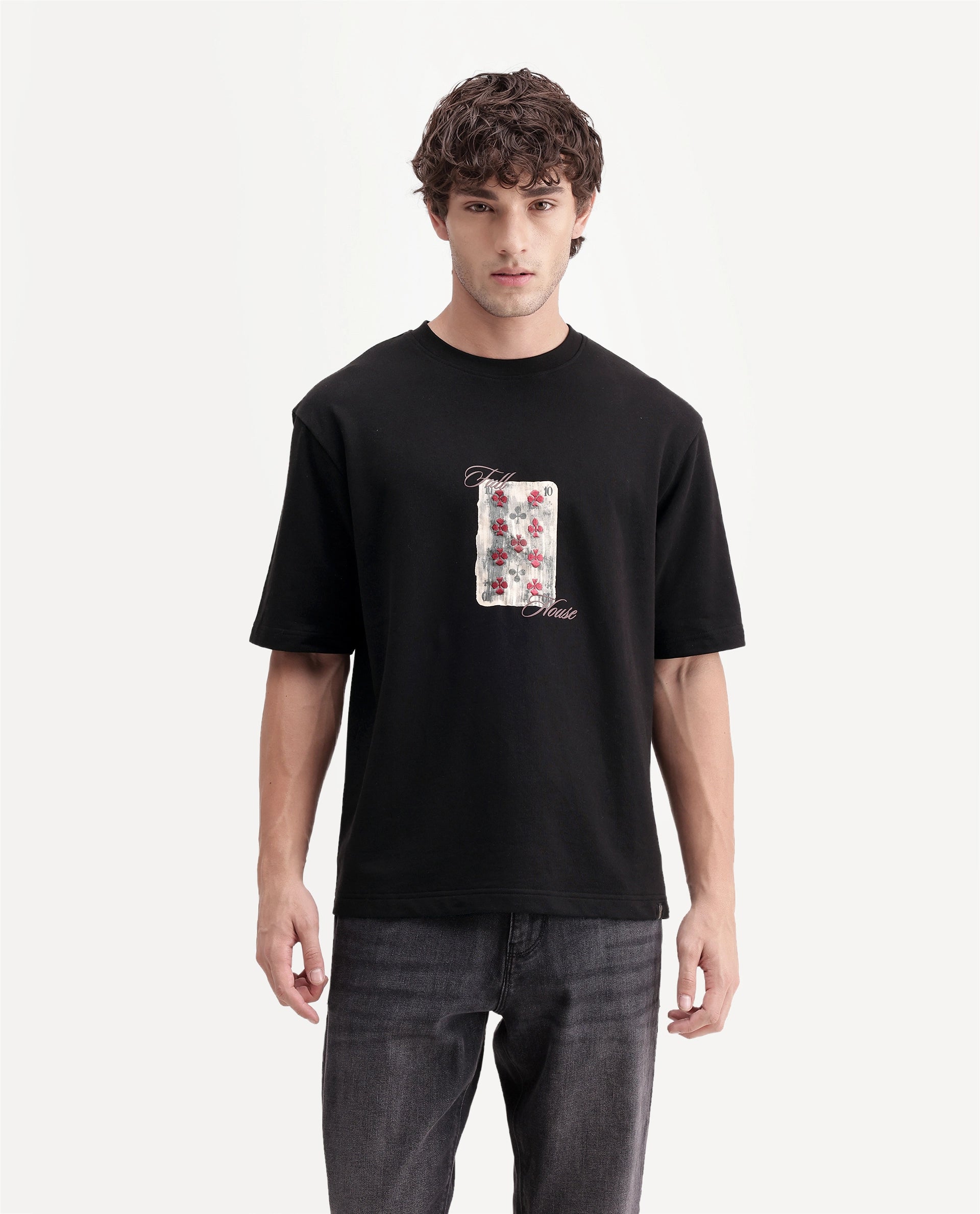 Rare Rabbit Men's Vage Black Cotton Crew Neck Relaxed Graphic Print T-Shirt
