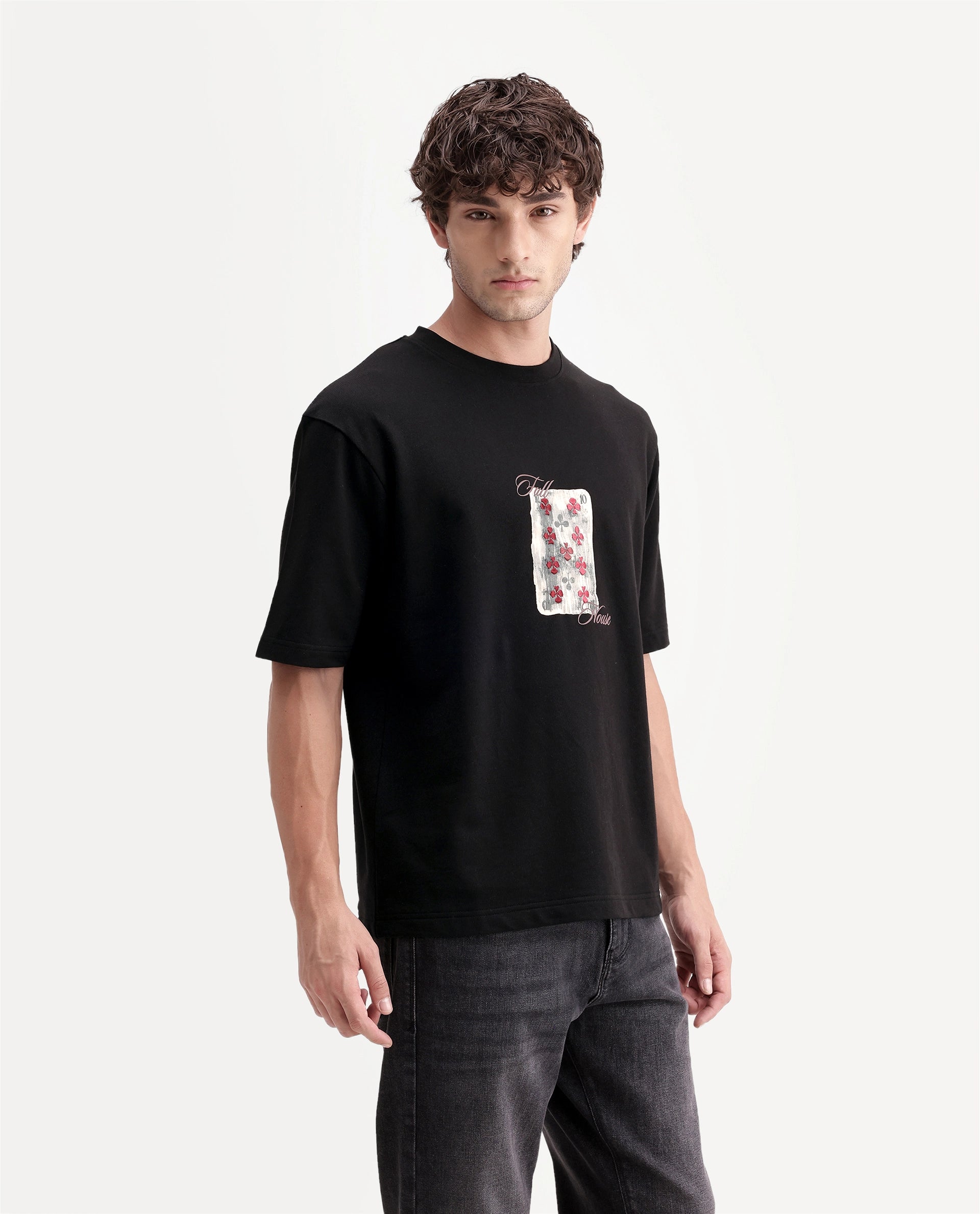 Rare Rabbit Men's Vage Black Cotton Crew Neck Relaxed Graphic Print T-Shirt