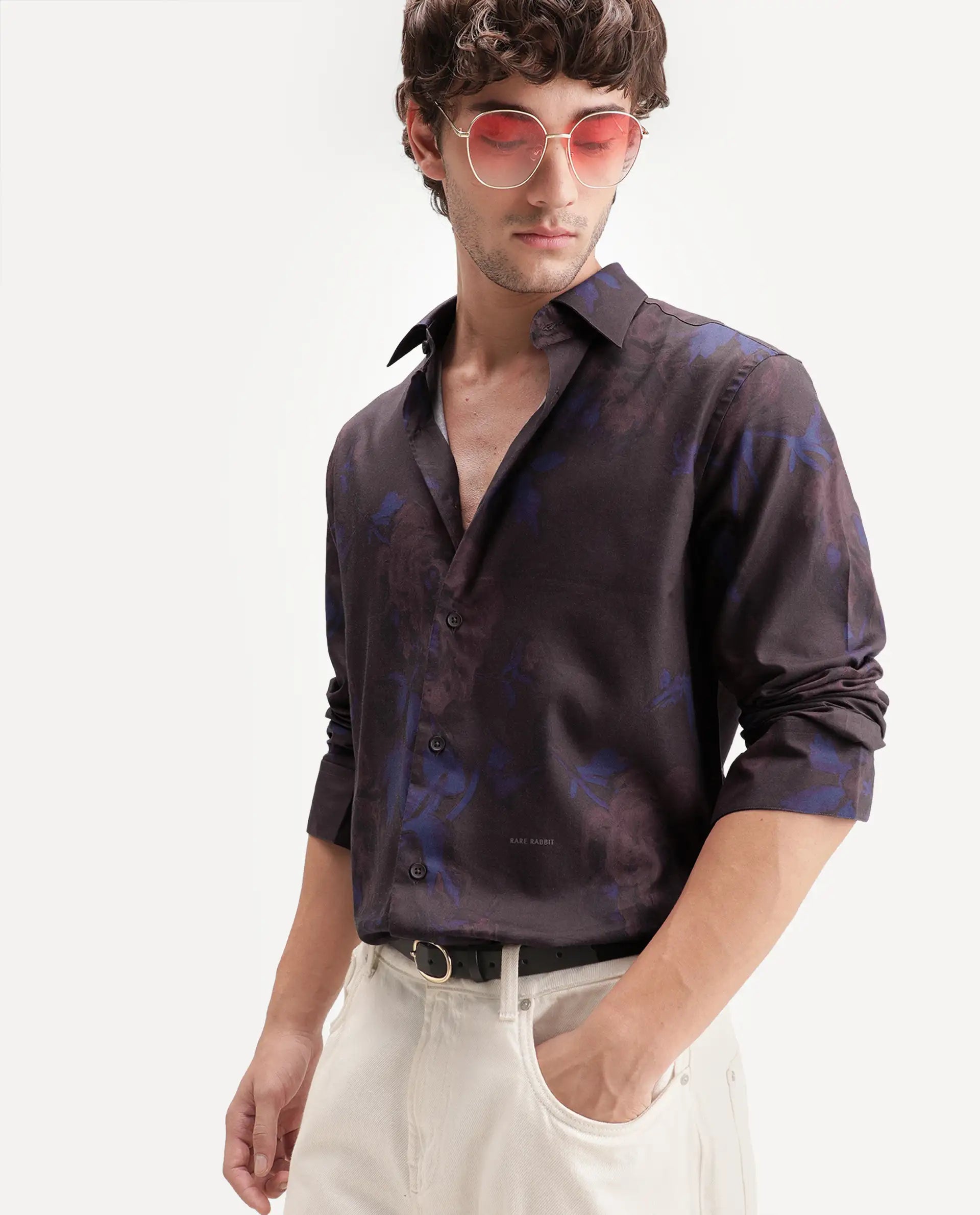Rare Rabbit Men's Midno Dark Purple Cotton Blend Spread Collar Regular Floral Print Shirt