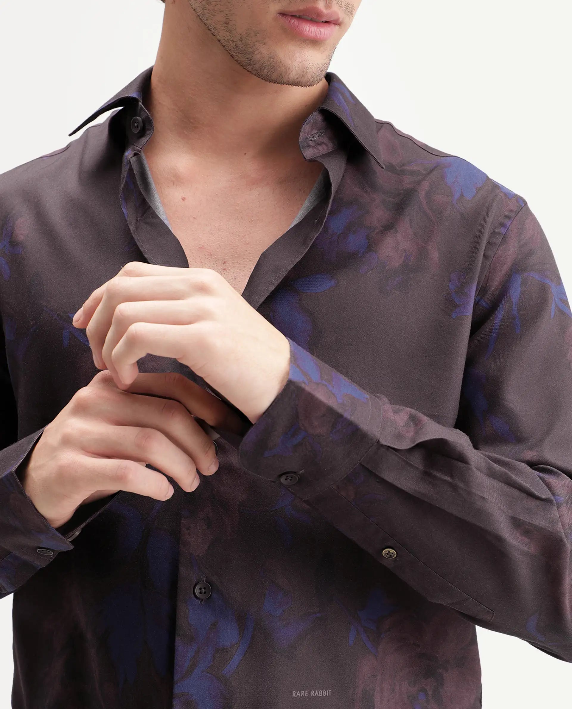 Rare Rabbit Men's Midno Dark Purple Cotton Blend Spread Collar Regular Floral Print Shirt
