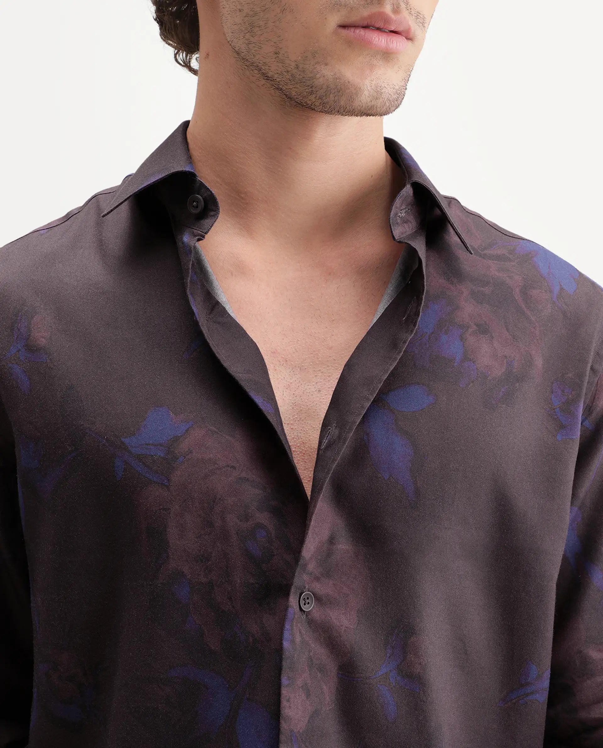 Rare Rabbit Men's Midno Dark Purple Cotton Blend Spread Collar Regular Floral Print Shirt