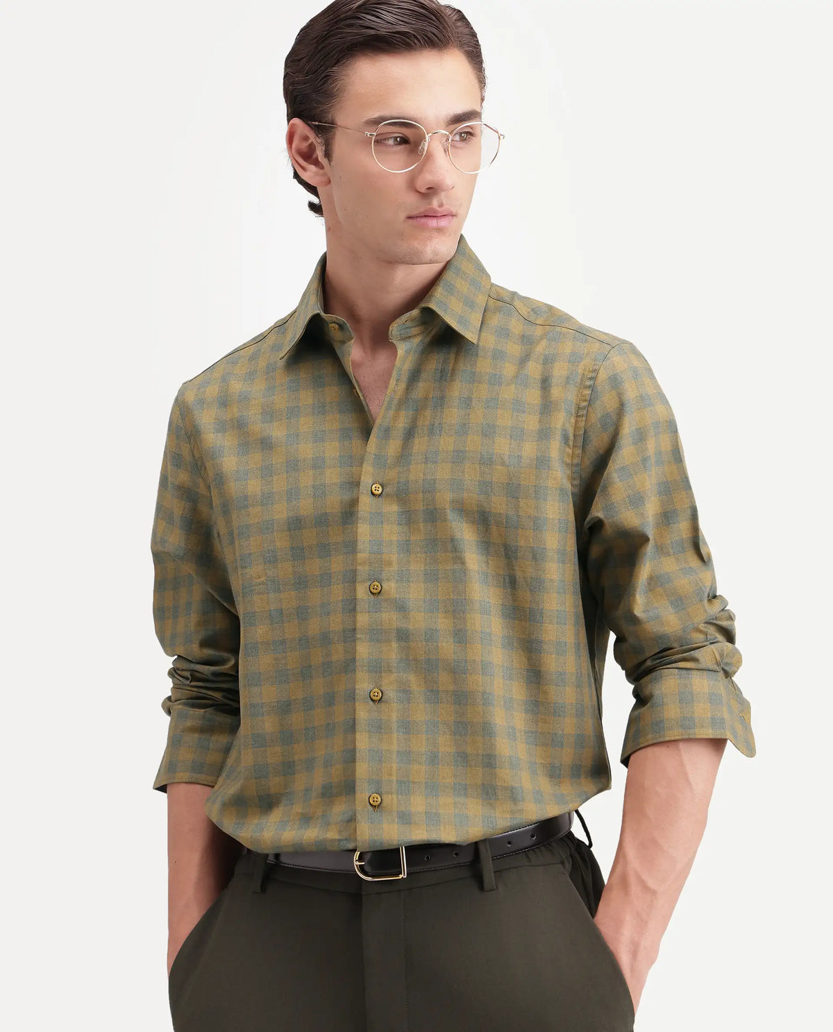 Rare Rabbit Men's Oath Mustard Cotton Spread Collar Regular Checked Shirt