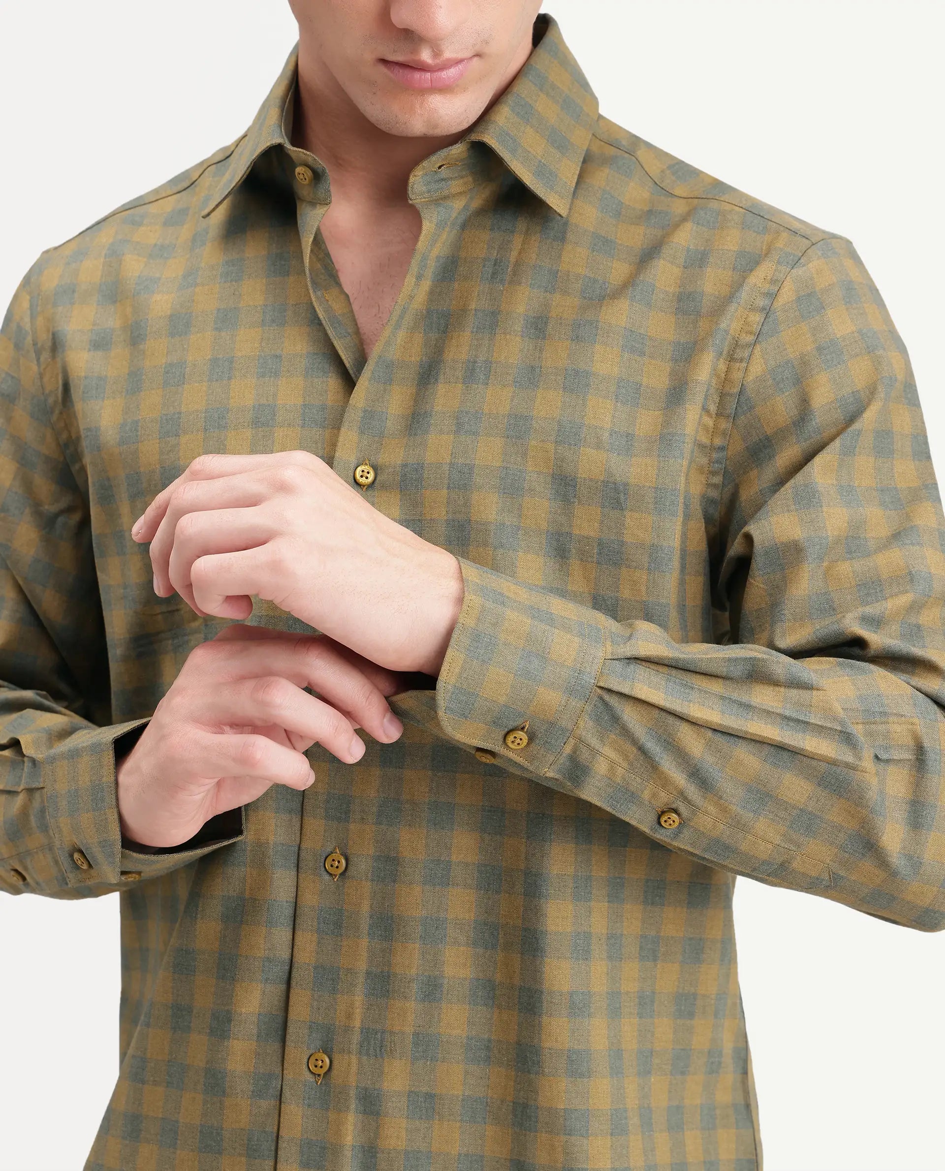 Rare Rabbit Men's Oath Mustard Cotton Spread Collar Regular Checked Shirt