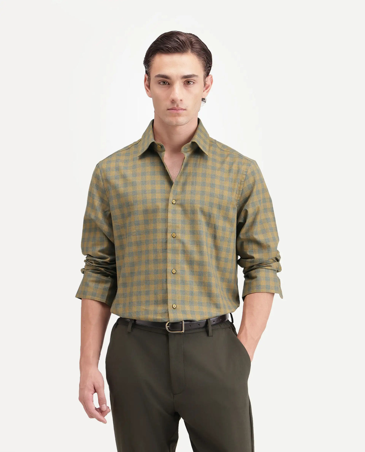 Rare Rabbit Men's Oath Mustard Cotton Spread Collar Regular Checked Shirt