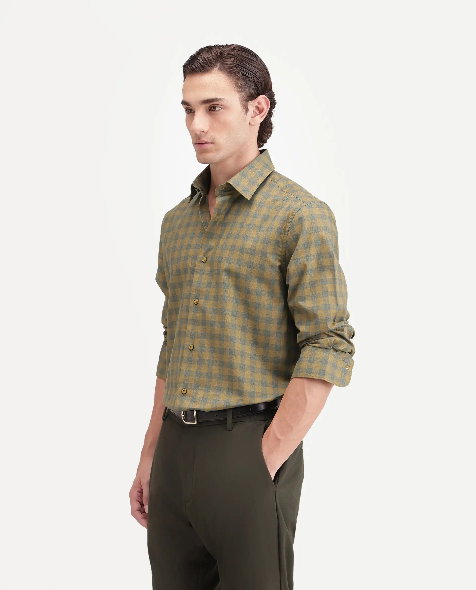 Rare Rabbit Men's Oath Mustard Cotton Spread Collar Regular Checked Shirt