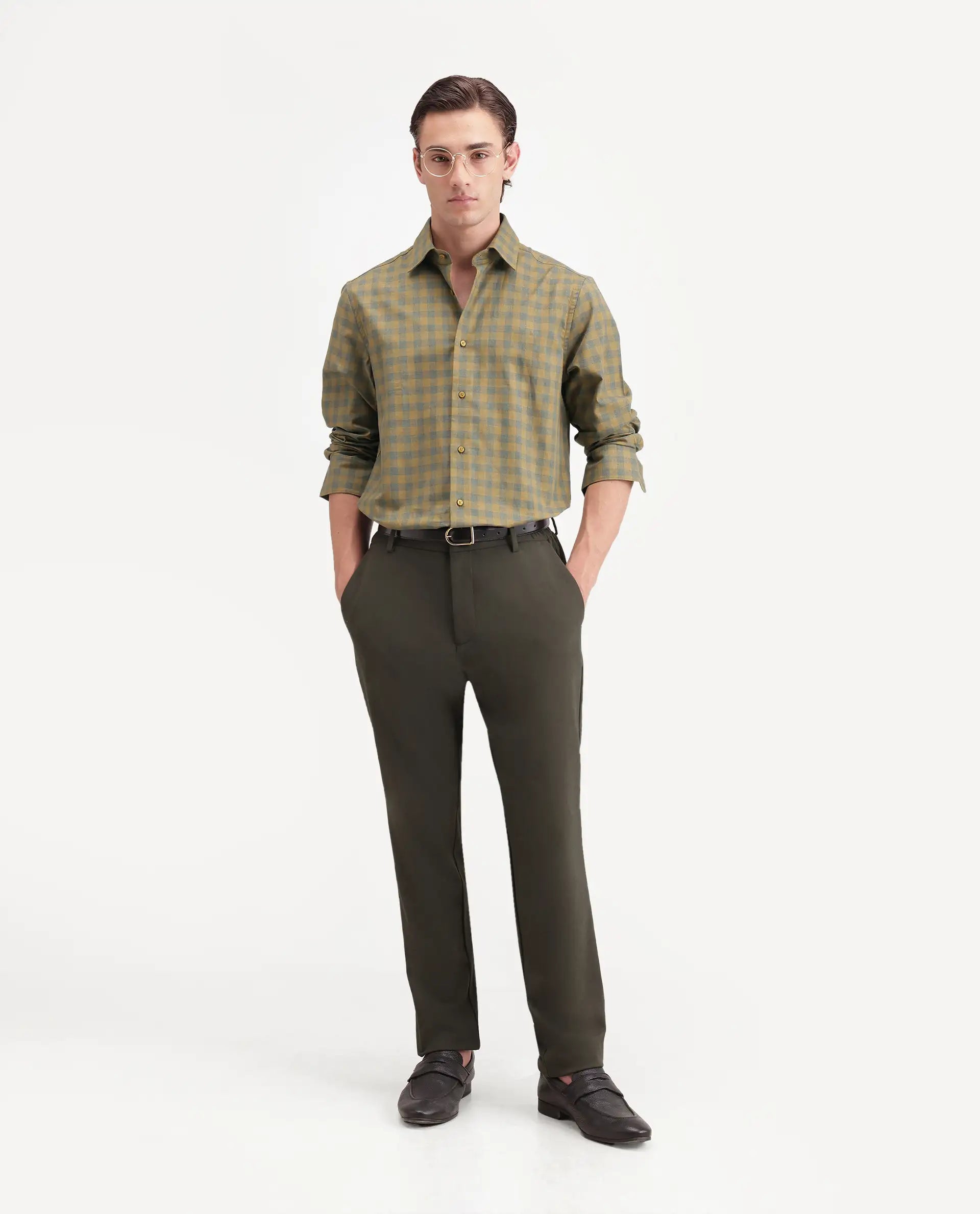 Rare Rabbit Men's Oath Mustard Cotton Spread Collar Regular Checked Shirt