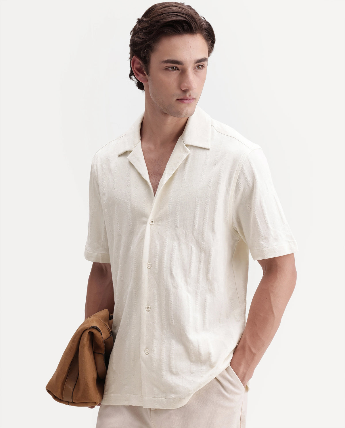 Rare Rabbit Men's Skol Off White Cotton Cuban Collar Relaxed Jacquard Shirt