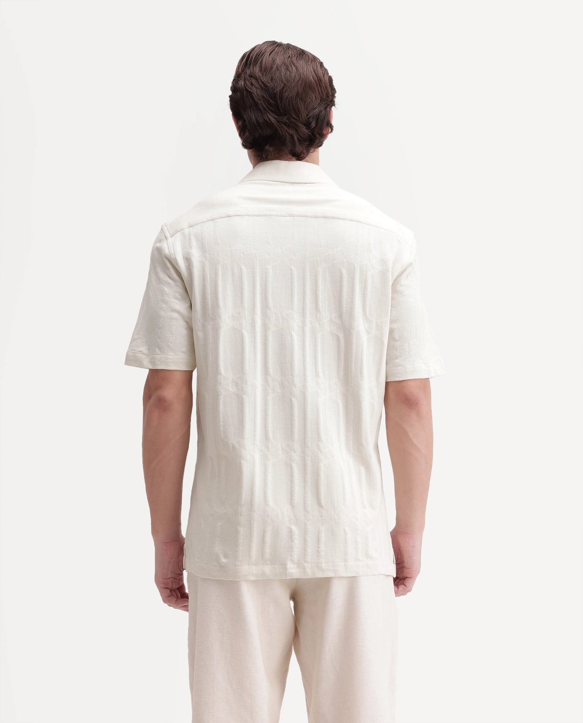 Rare Rabbit Men's Skol Off White Cotton Cuban Collar Relaxed Jacquard Shirt