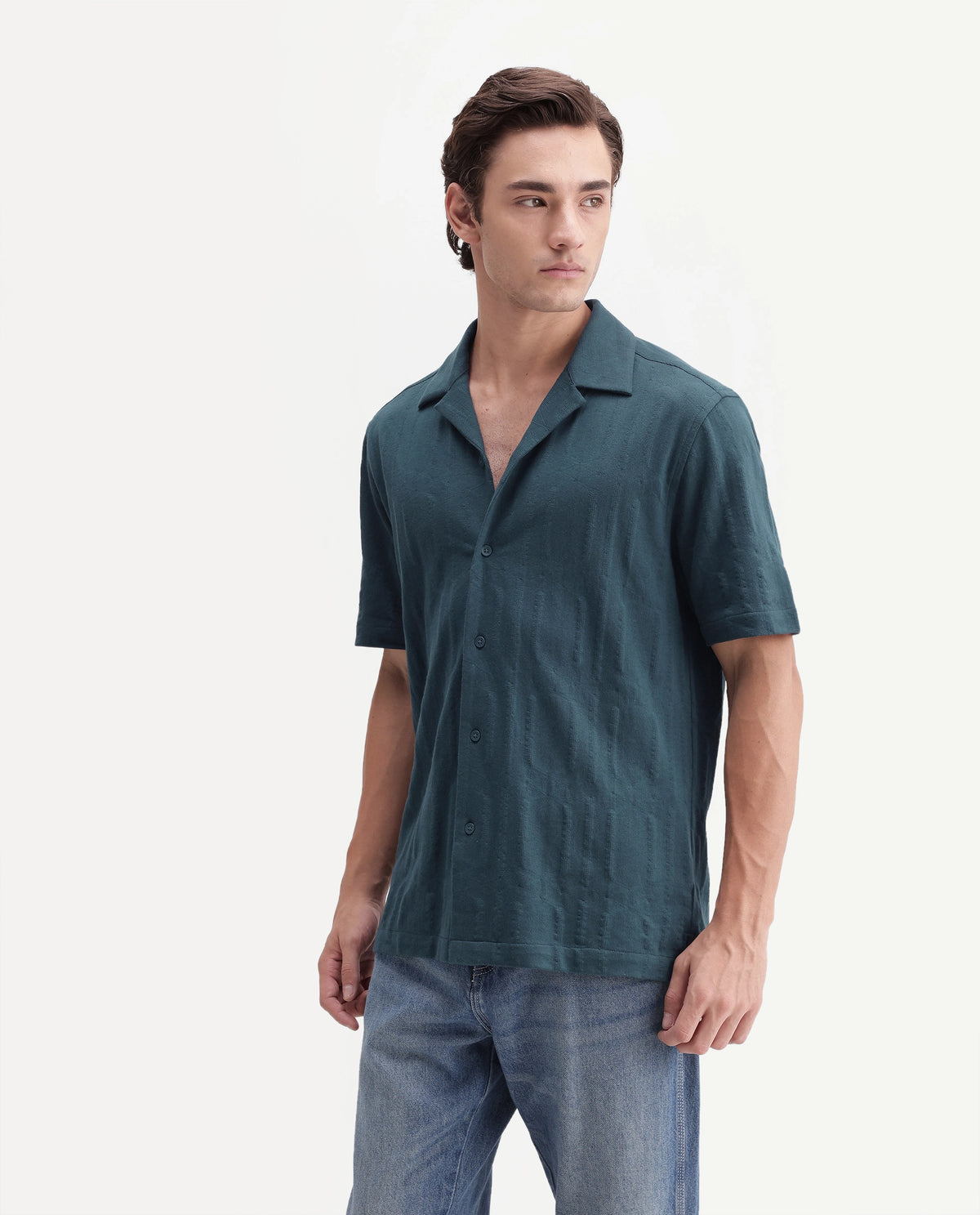 Rare Rabbit Men's Skol Dark Teal Cotton Cuban Collar Relaxed Jacquard Shirt