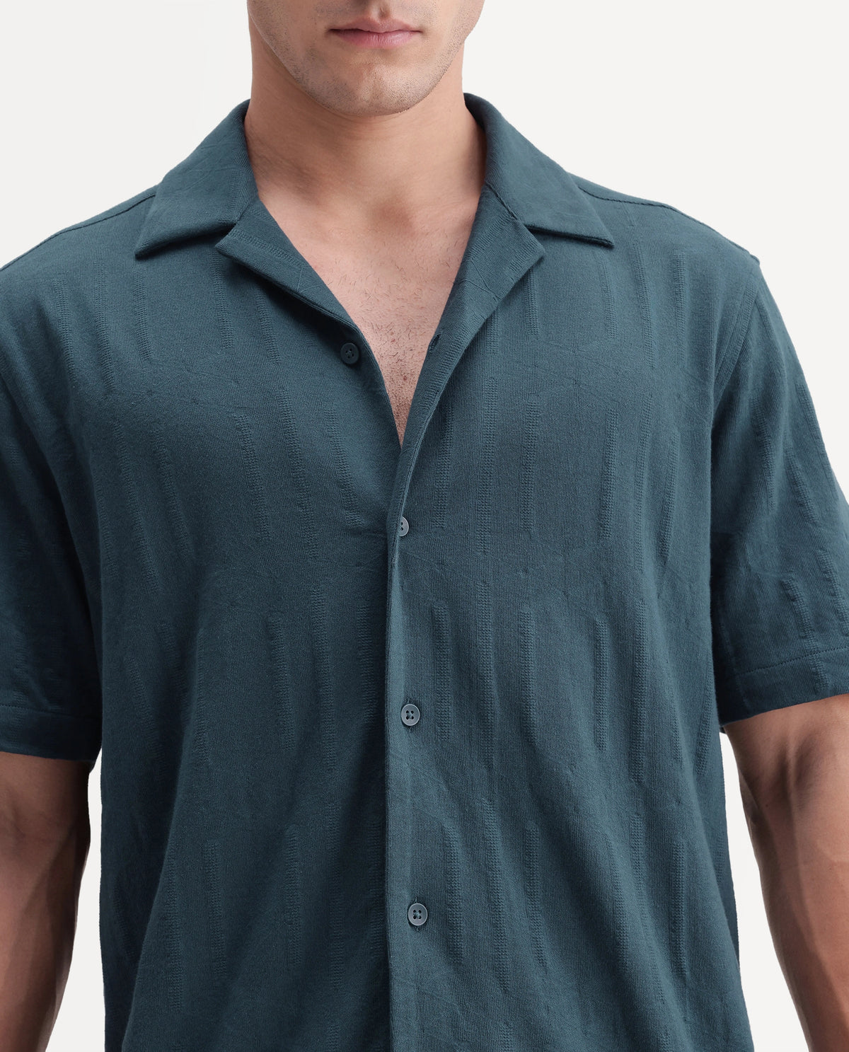 Rare Rabbit Men's Skol Dark Teal Cotton Cuban Collar Relaxed Jacquard Shirt